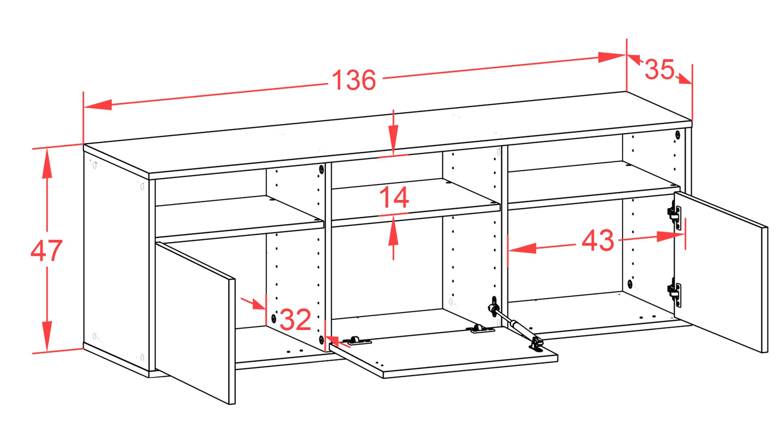 Lowboard - Andrina - Design Industrie Stil - Wandmontage mit Push to Open 136 cm Anthrazit