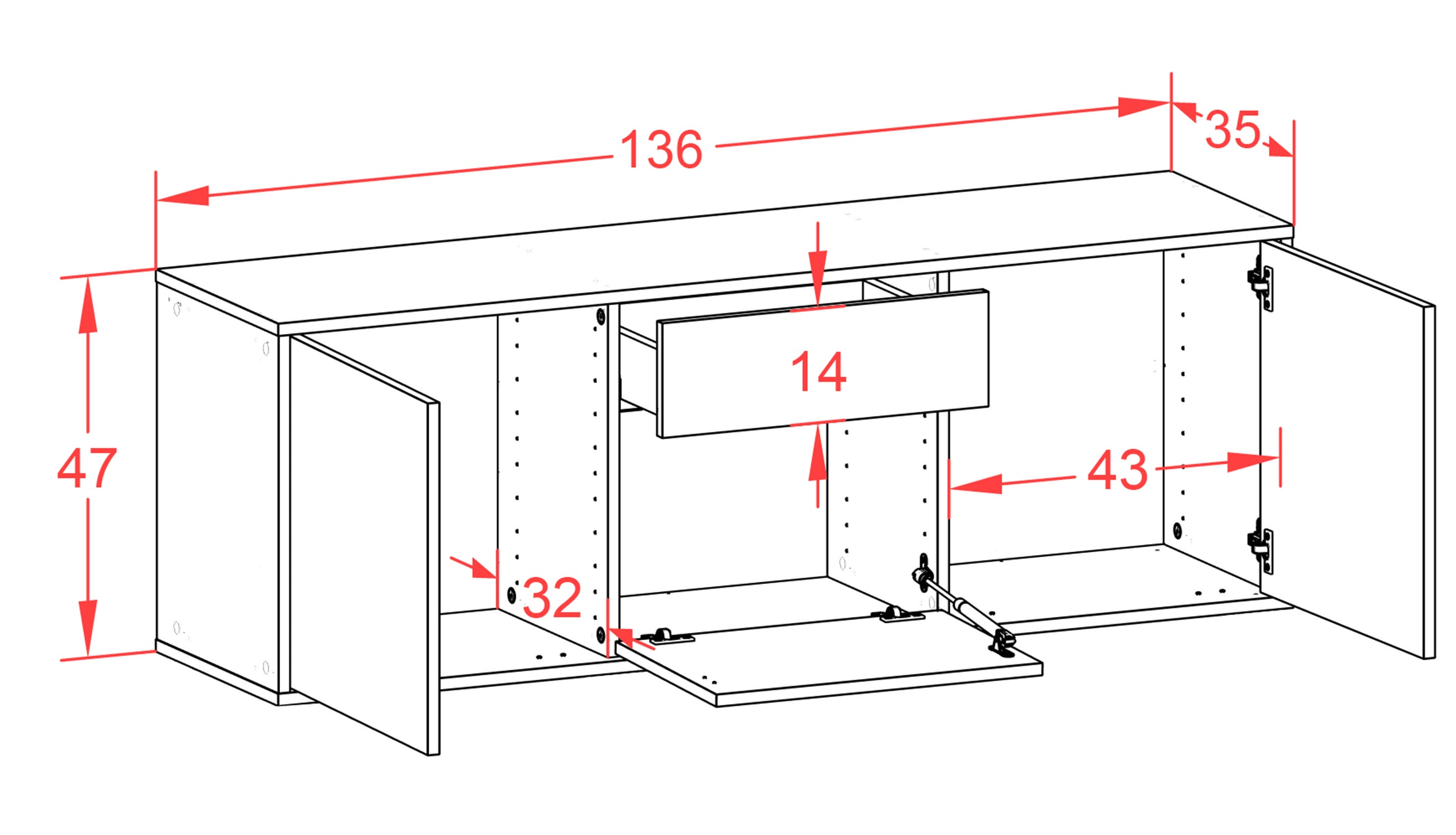 Lowboard - Anella - Design Industrie Stil - Wandmontage mit Push to Open 136 cm Anthrazit