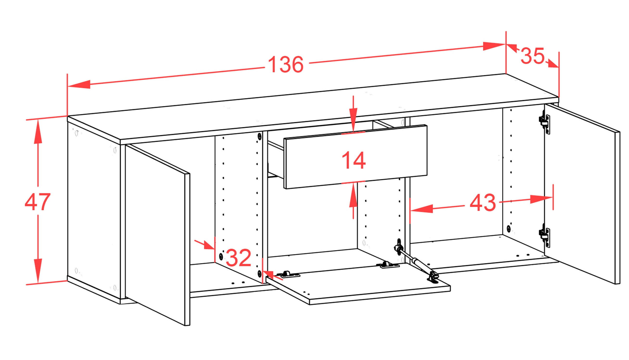 Lowboard - Anella - Design Industrie Stil - Wandmontage mit Push to Open 136 cm Weiss