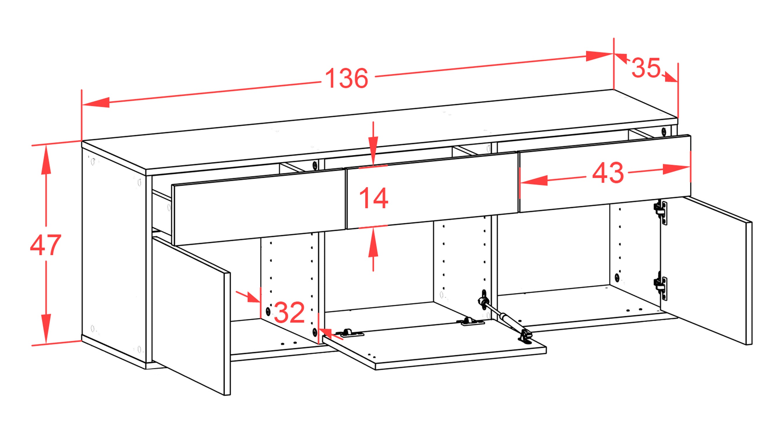 Lowboard - Angela - Design Hochglanz - Wandmontage mit Push to Open 136 cm Weiss