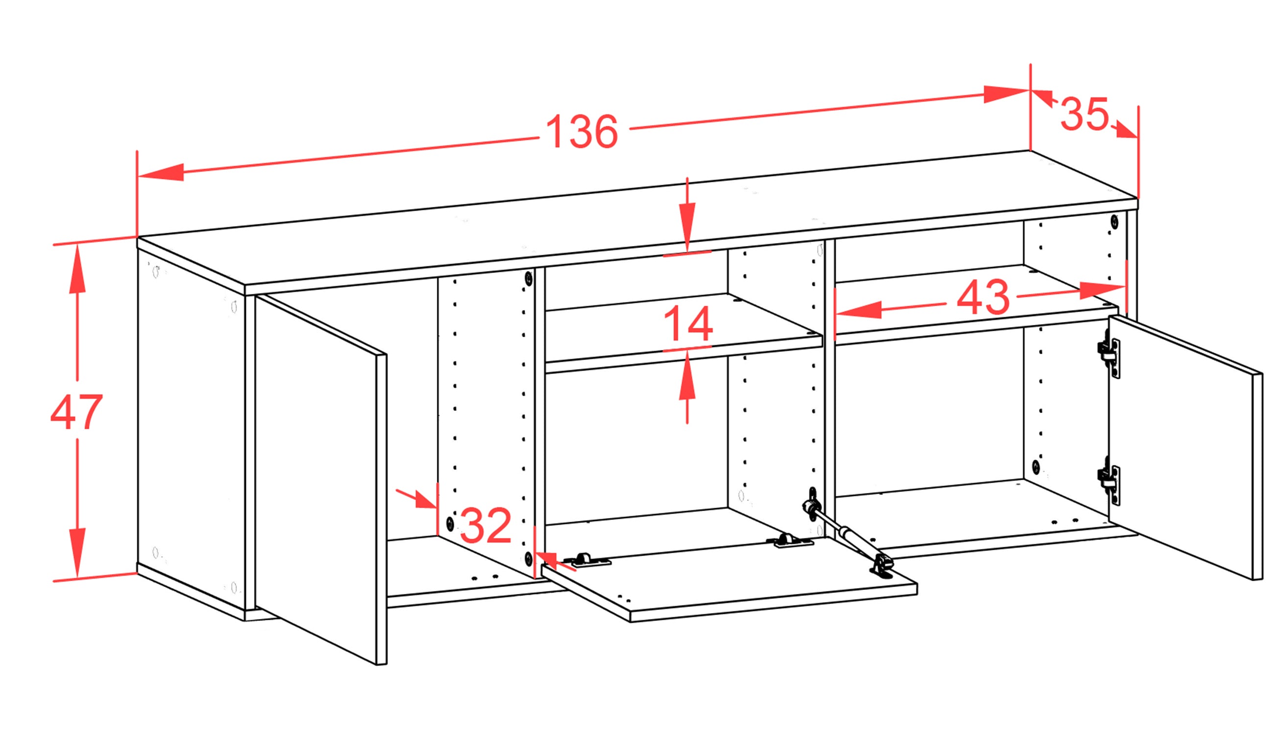 Lowboard - Angelina - Design Farbakzent - Wandmontage mit Push to Open 136 cm Anthrazit