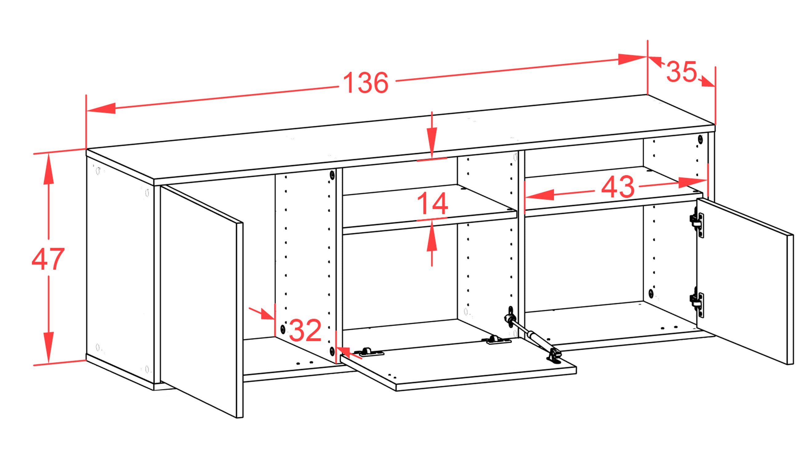 Lowboard - Angelina - Design Industrie Stil - Wandmontage mit Push to Open 136 cm Weiss