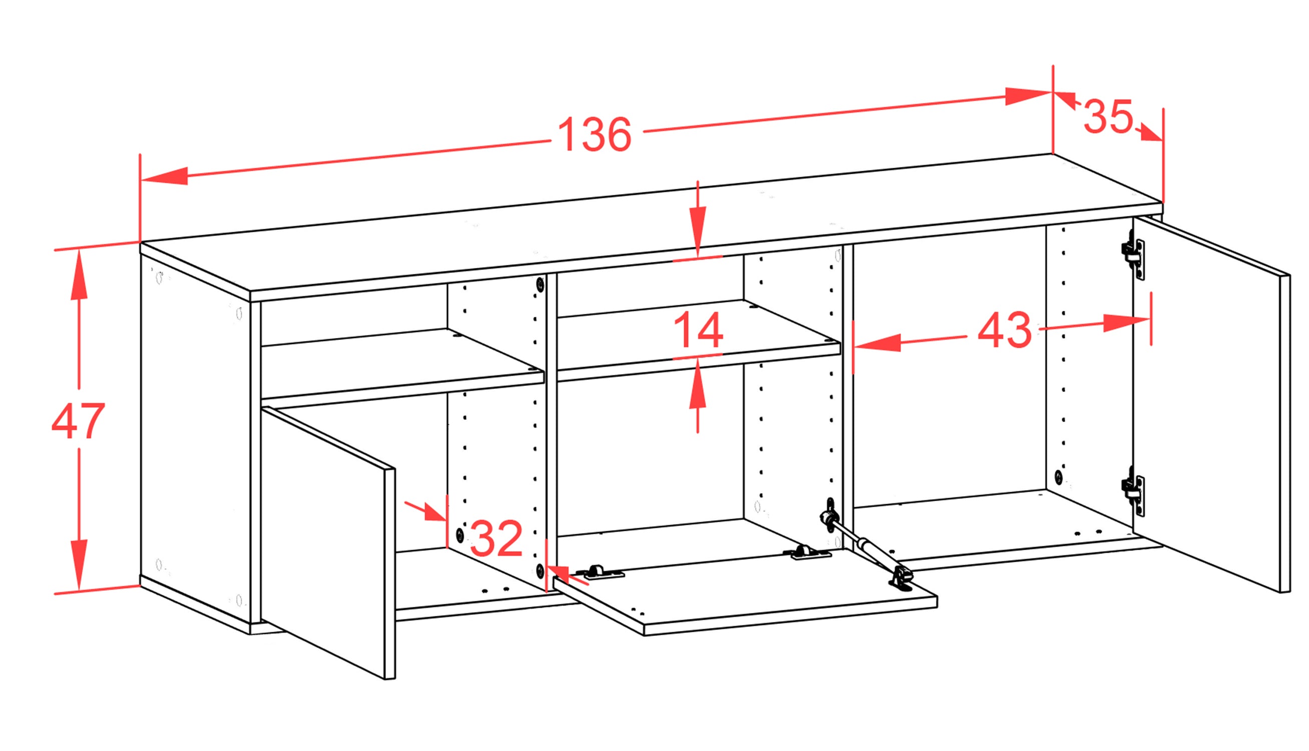 Lowboard - Anina - Design Holzdekor - Wandmontage mit Push to Open 136 cm Weiss