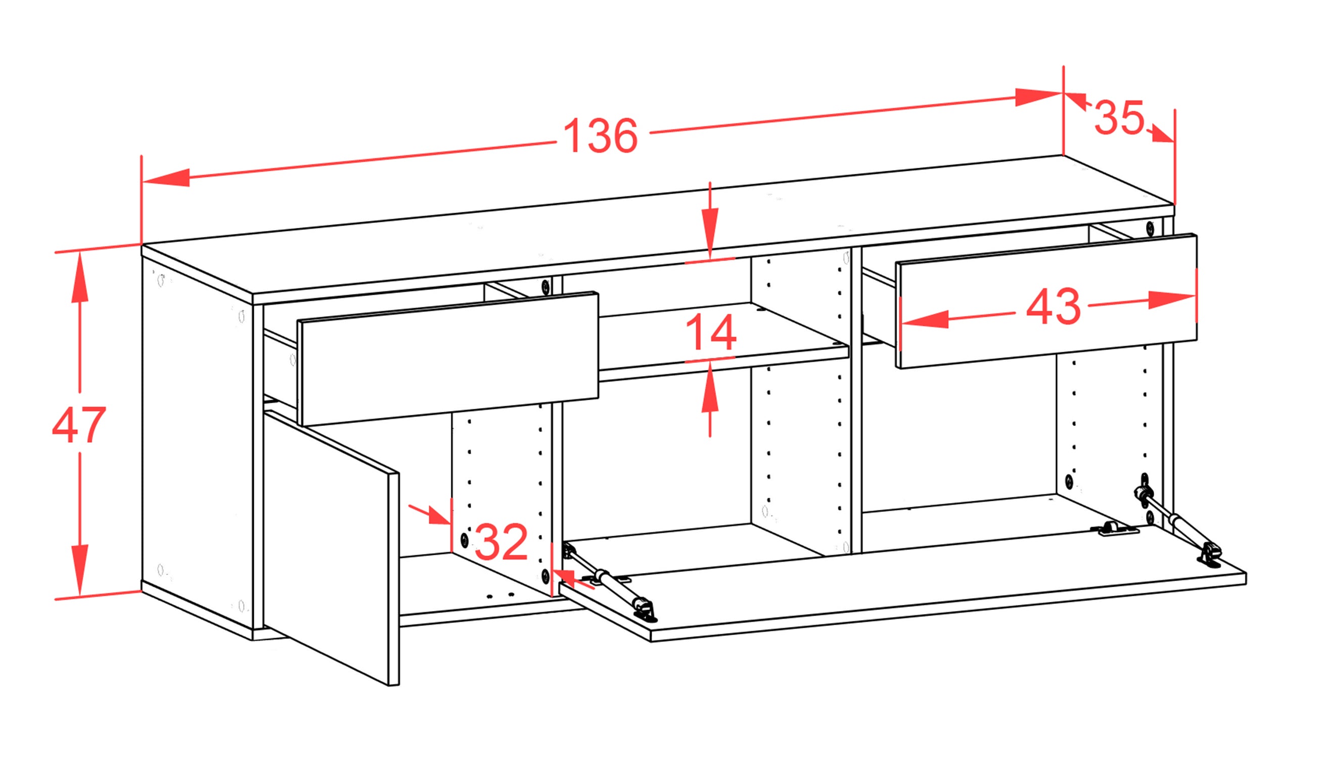 Lowboard - Anita - Design Holzdekor - Wandmontage mit Push to Open 136 cm Weiss