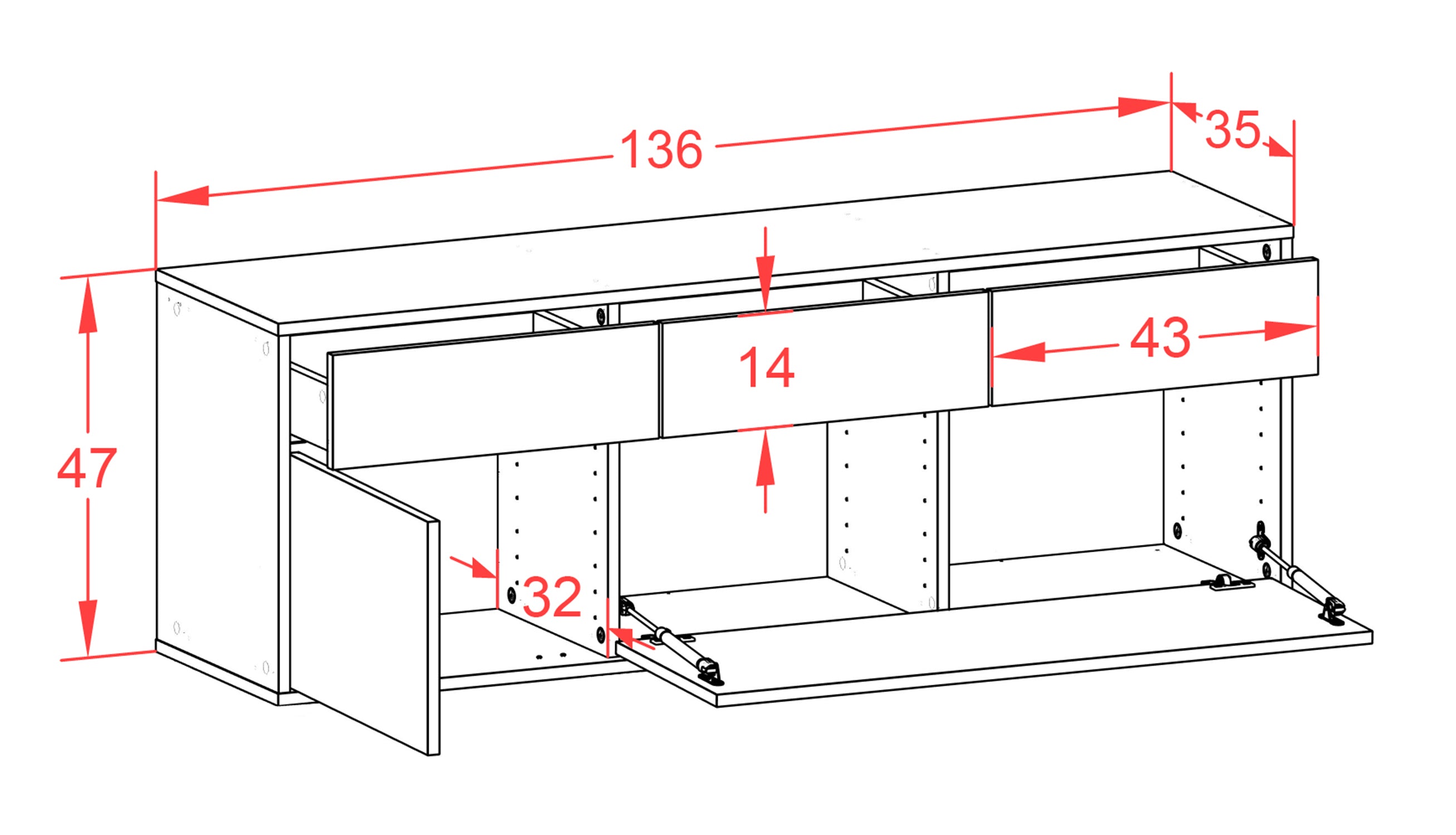 Lowboard - Anjelika - Design Farbakzent - Wandmontage mit Push to Open 136 cm Weiss