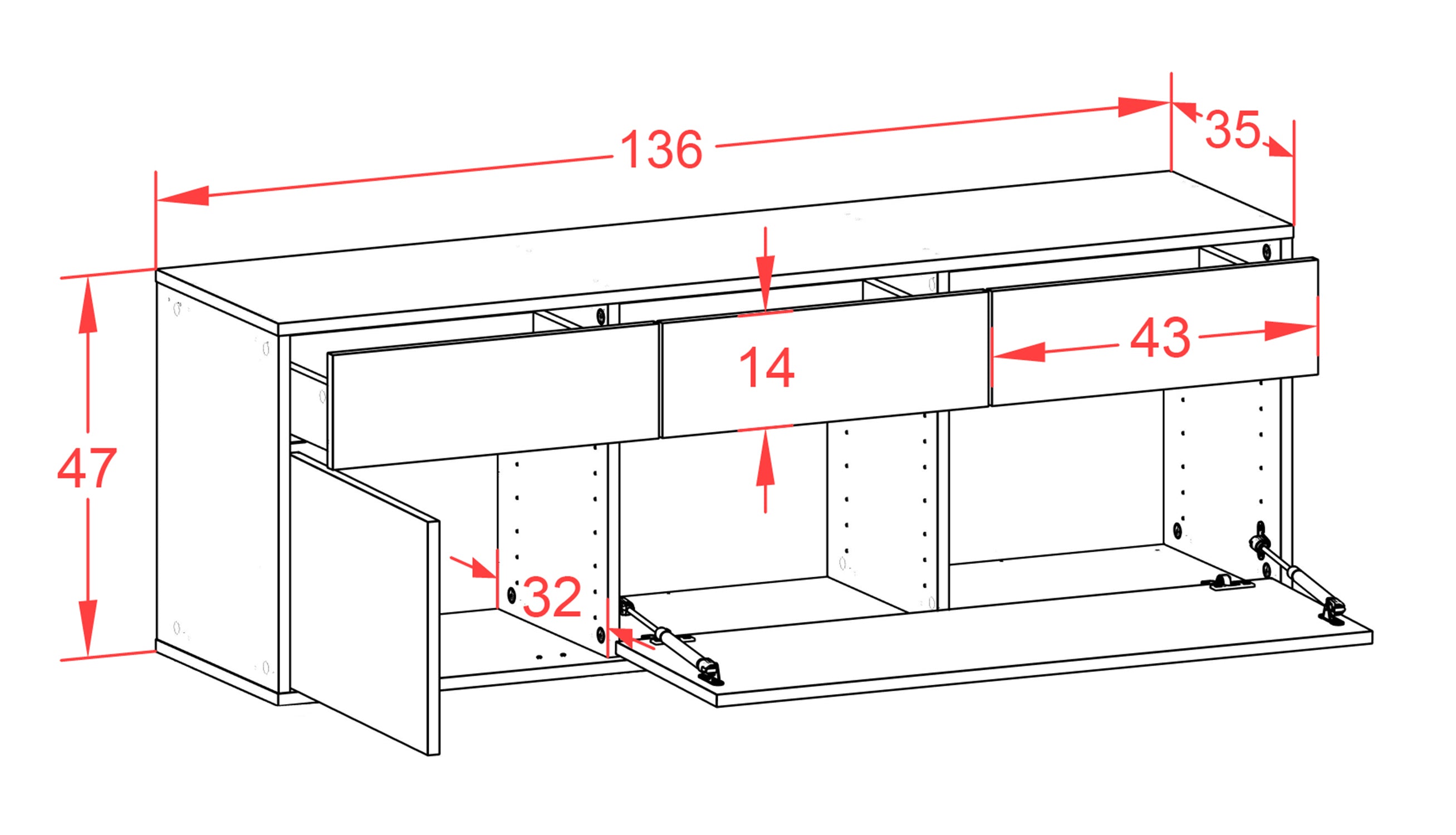 Lowboard - Anjelika - Design Industrie Stil - Wandmontage mit Push to Open 136 cm Weiss