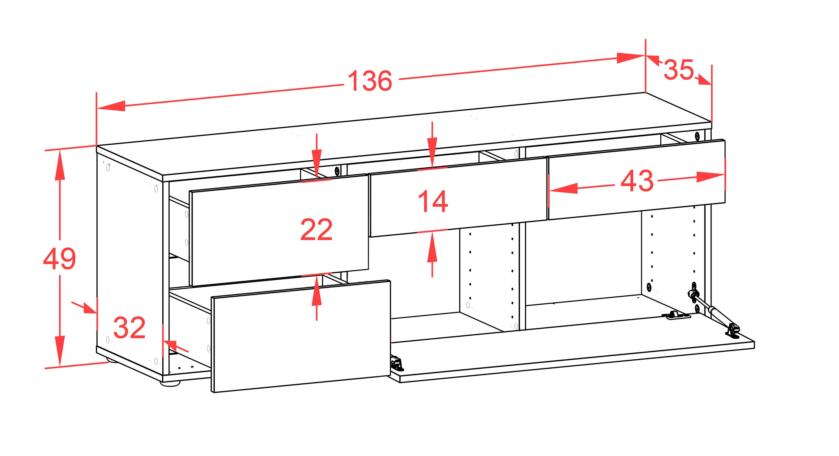 Lowboard - Anna - Design Hochglanz - Wandmontage mit Push to Open 136 cm Weiss