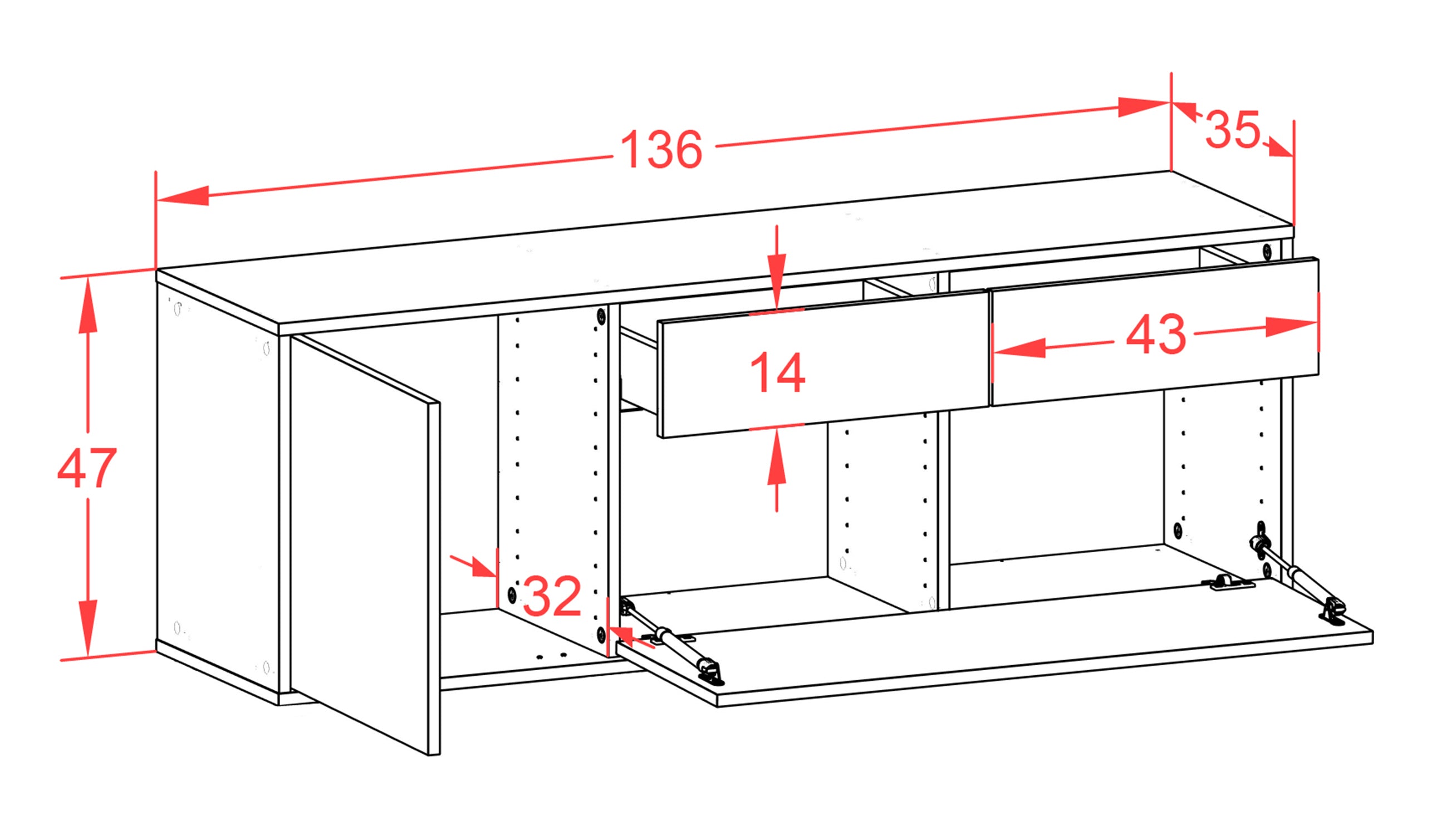 Lowboard - Annabell - Design Hochglanz - Wandmontage mit Push to Open 136 cm Anthrazit