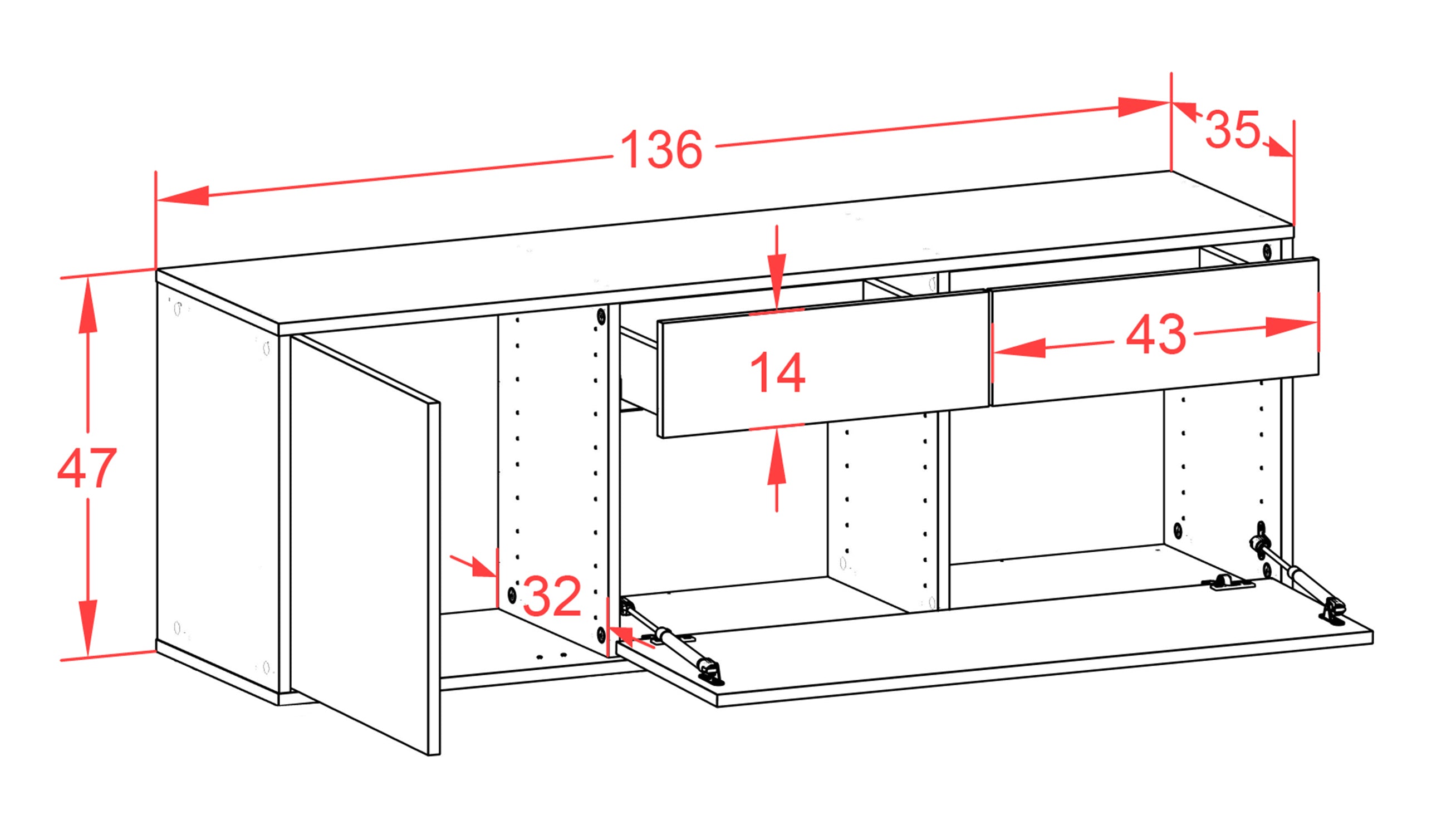 Lowboard - Annabell - Design Industrie Stil - Wandmontage mit Push to Open 136 cm Anthrazit