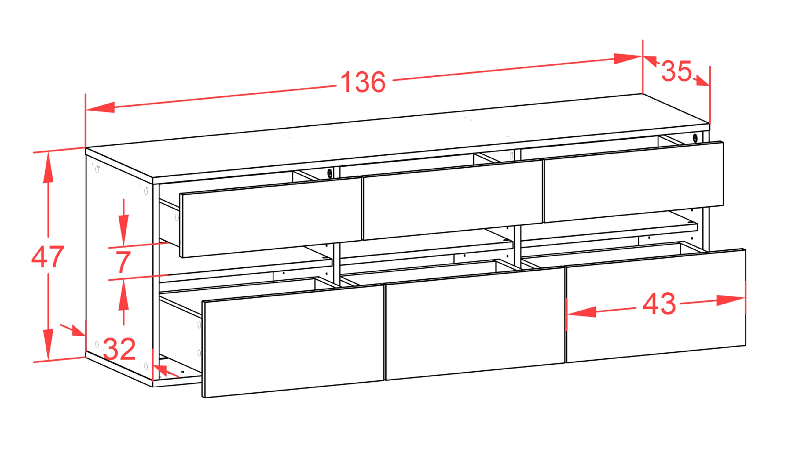 Lowboard - Annalena - Design Industrie Stil - Wandmontage mit Push to Open 136 cm Weiss