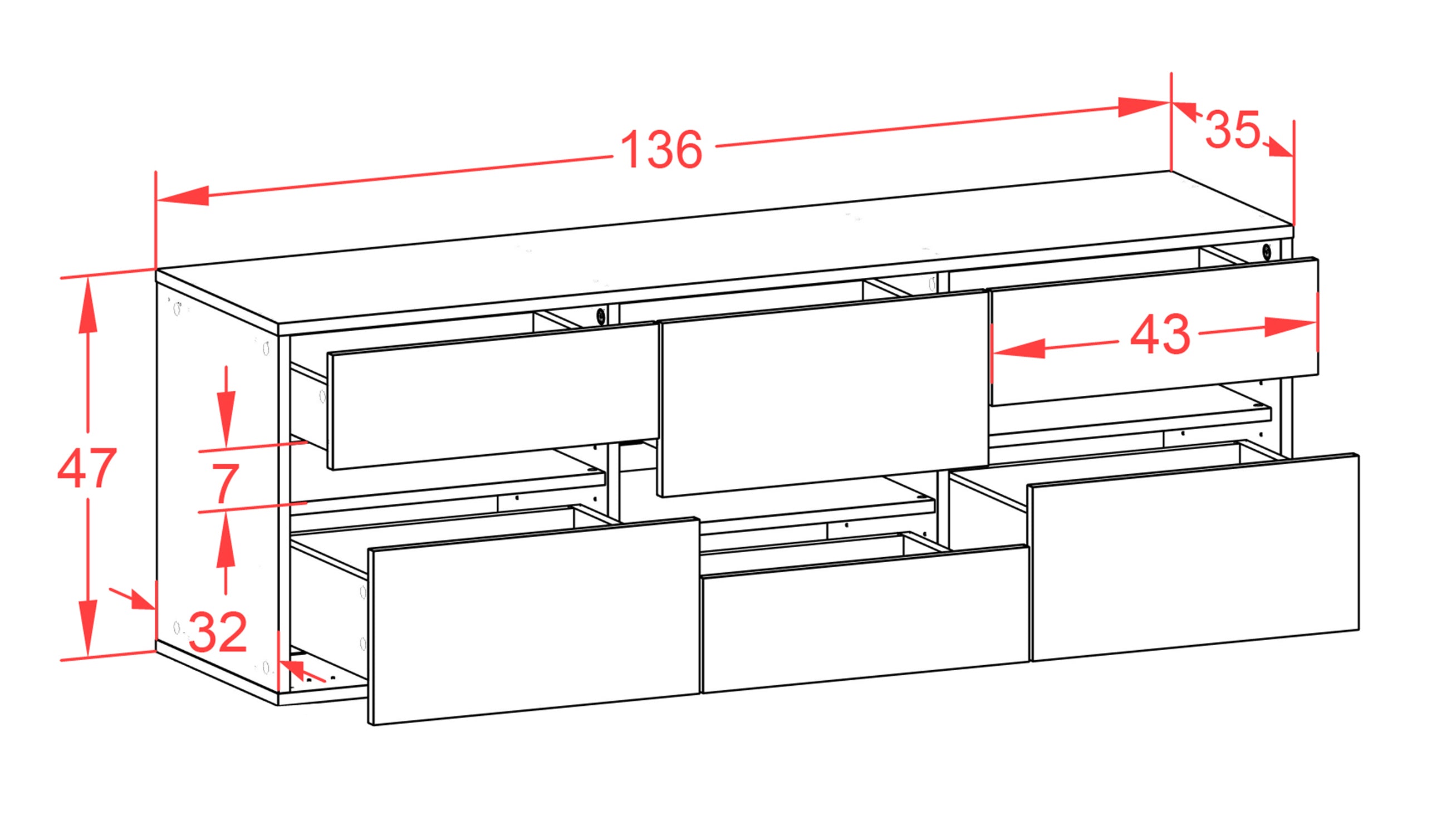 Lowboard - Annalisa - Design Industrie Stil - Wandmontage mit Push to Open 136 cm Weiss