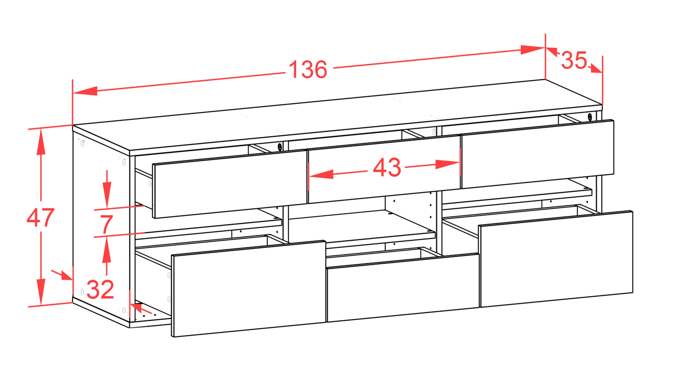 Lowboard - Annamaria - Design Holzdekor - Wandmontage mit Push to Open 136 cm Weiss