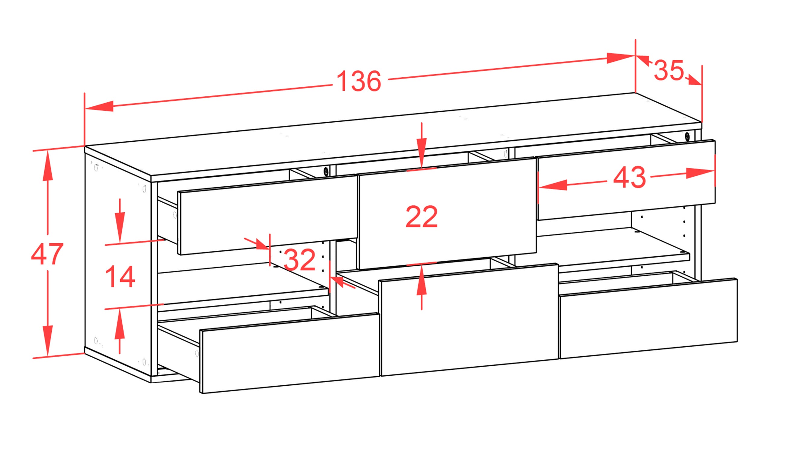 Lowboard - Anni - Design Industrie Stil - Wandmontage mit Push to Open 136 cm Weiss