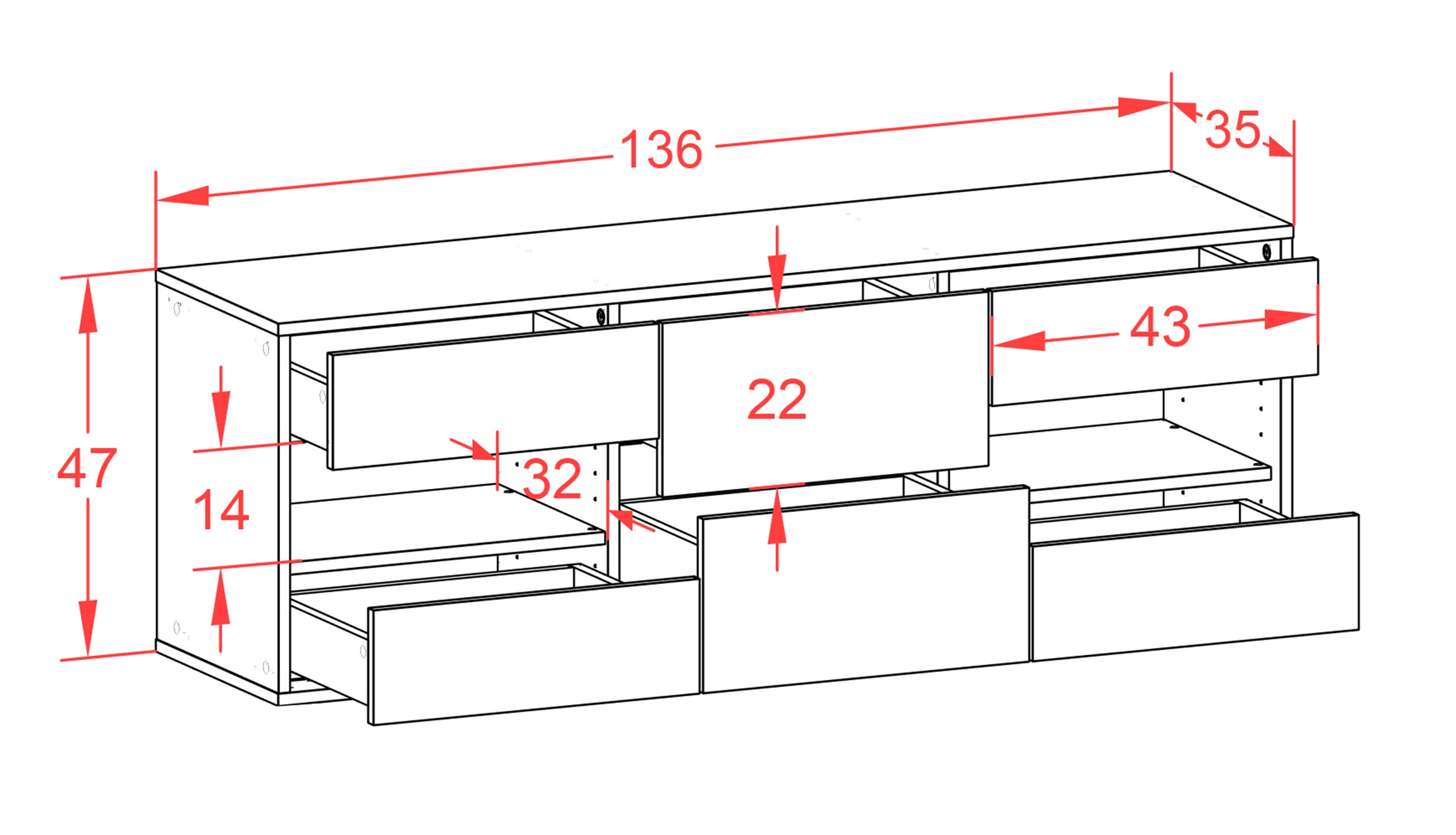 Lowboard - Anni - Design Farbakzent - Wandmontage mit Push to Open 136 cm Weiss