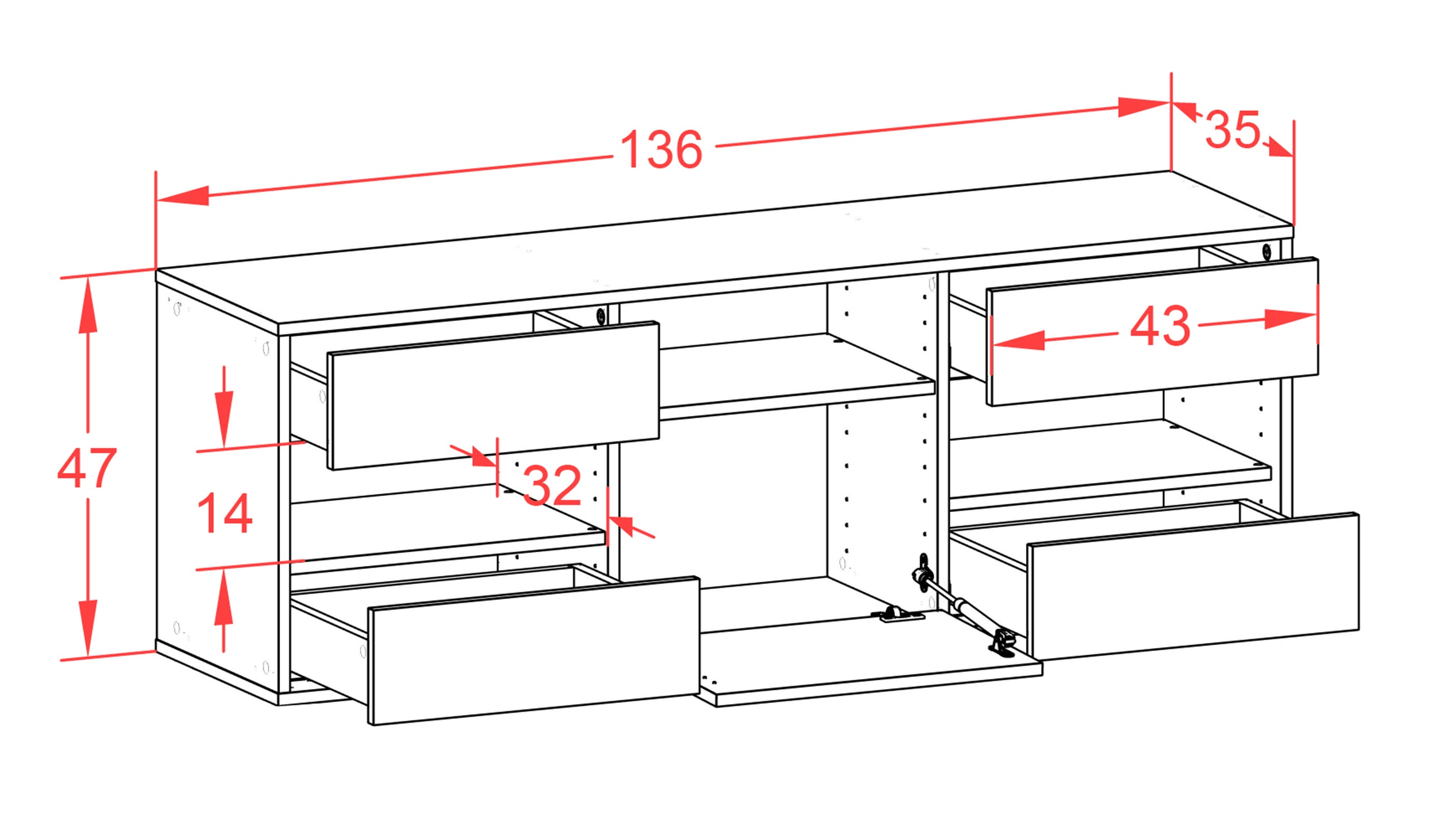 Lowboard - Annina - Design Hochglanz - Wandmontage mit Push to Open 136 cm Weiss