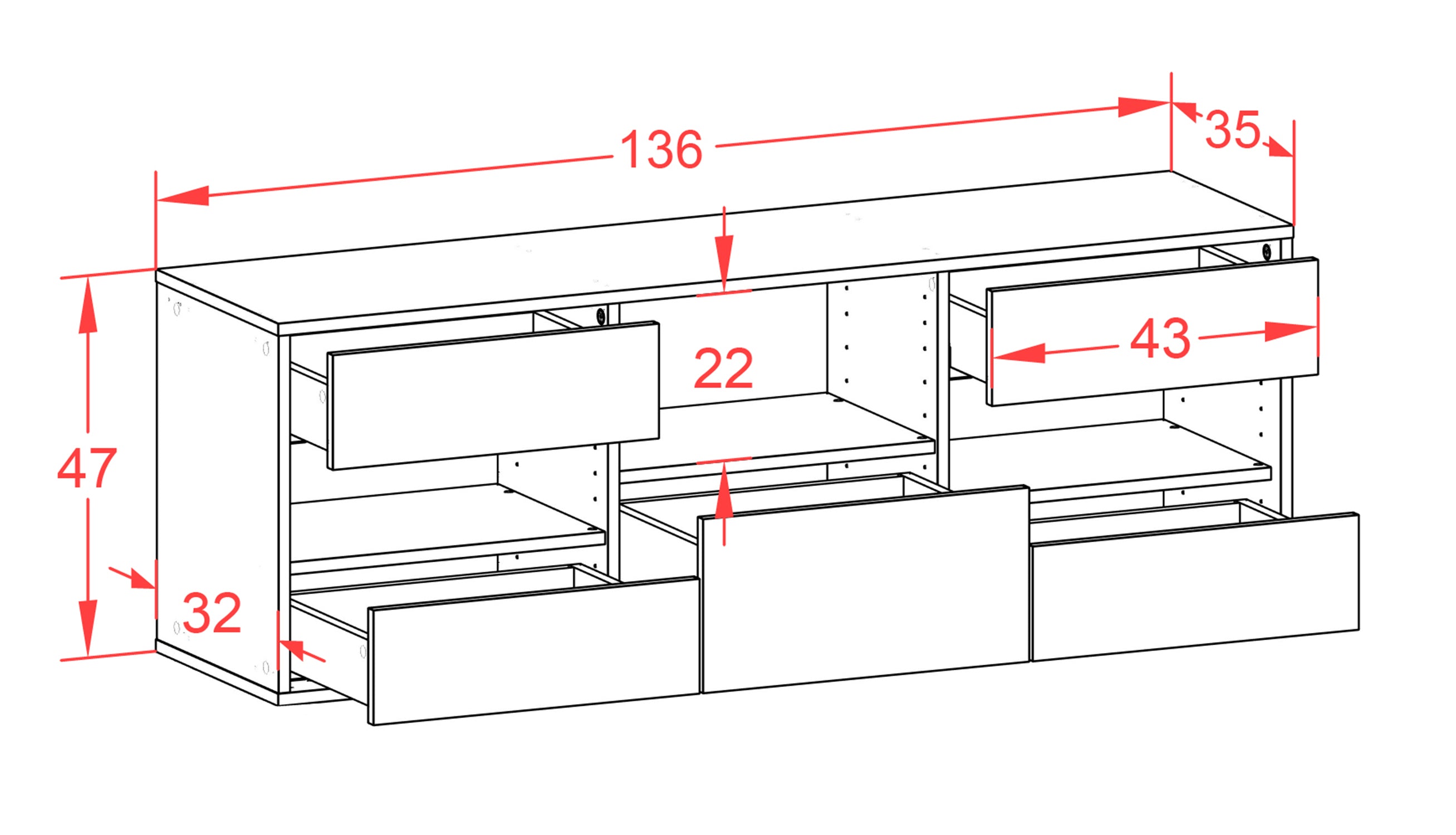 Lowboard - Annunziata - Design Hochglanz - Wandmontage mit Push to Open 136 cm Weiss