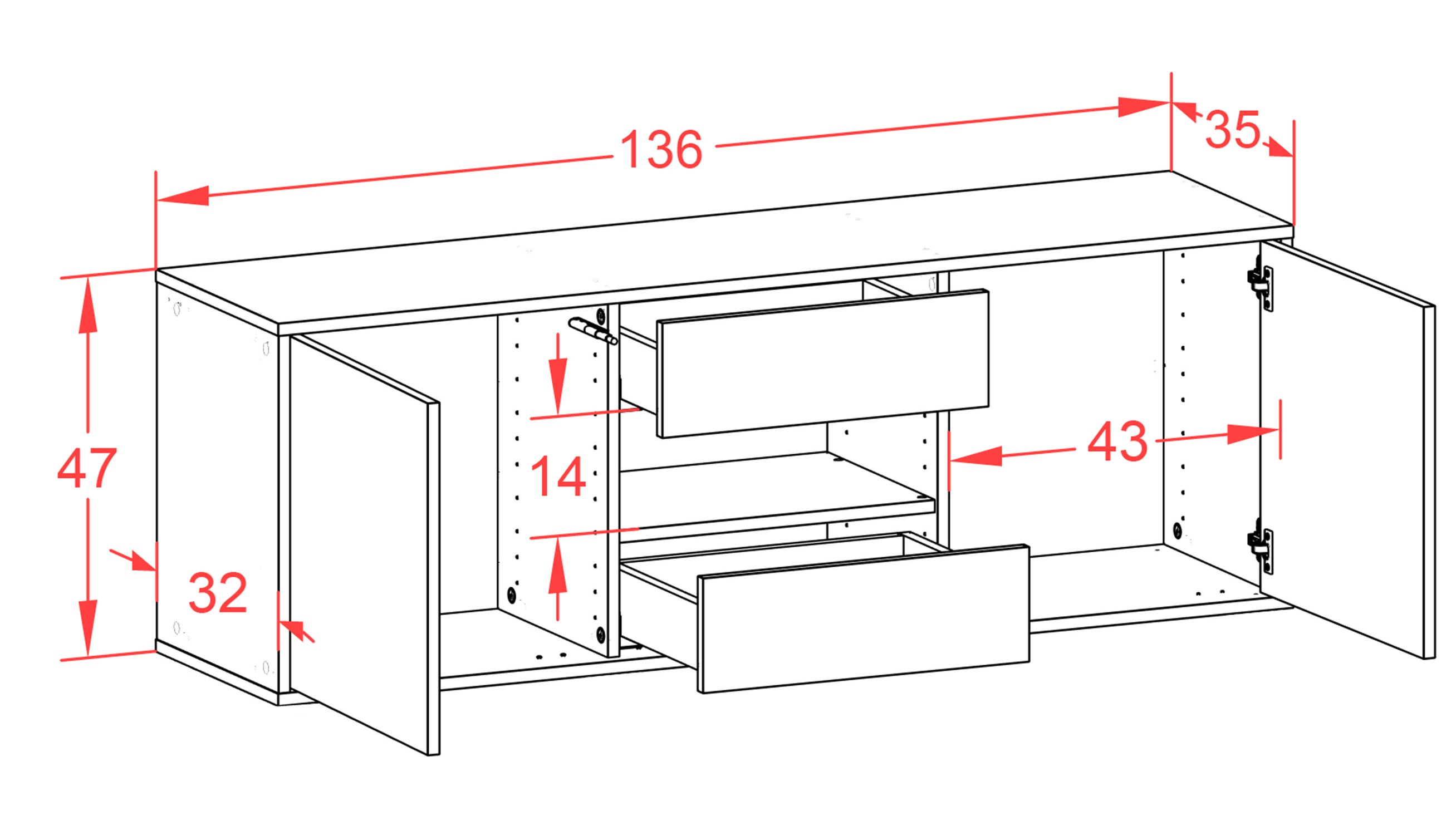Lowboard - Antonella - Design Holzdekor - Wandmontage mit Push to Open 136 cm Weiss