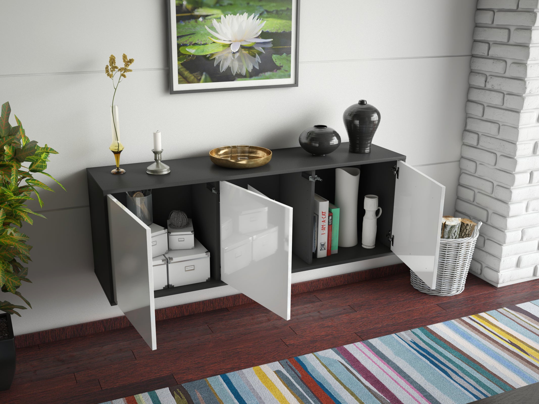 Lowboard - Allegra - Design Hochglanz - Wandmontage mit Push to Open 136 cm Anthrazit