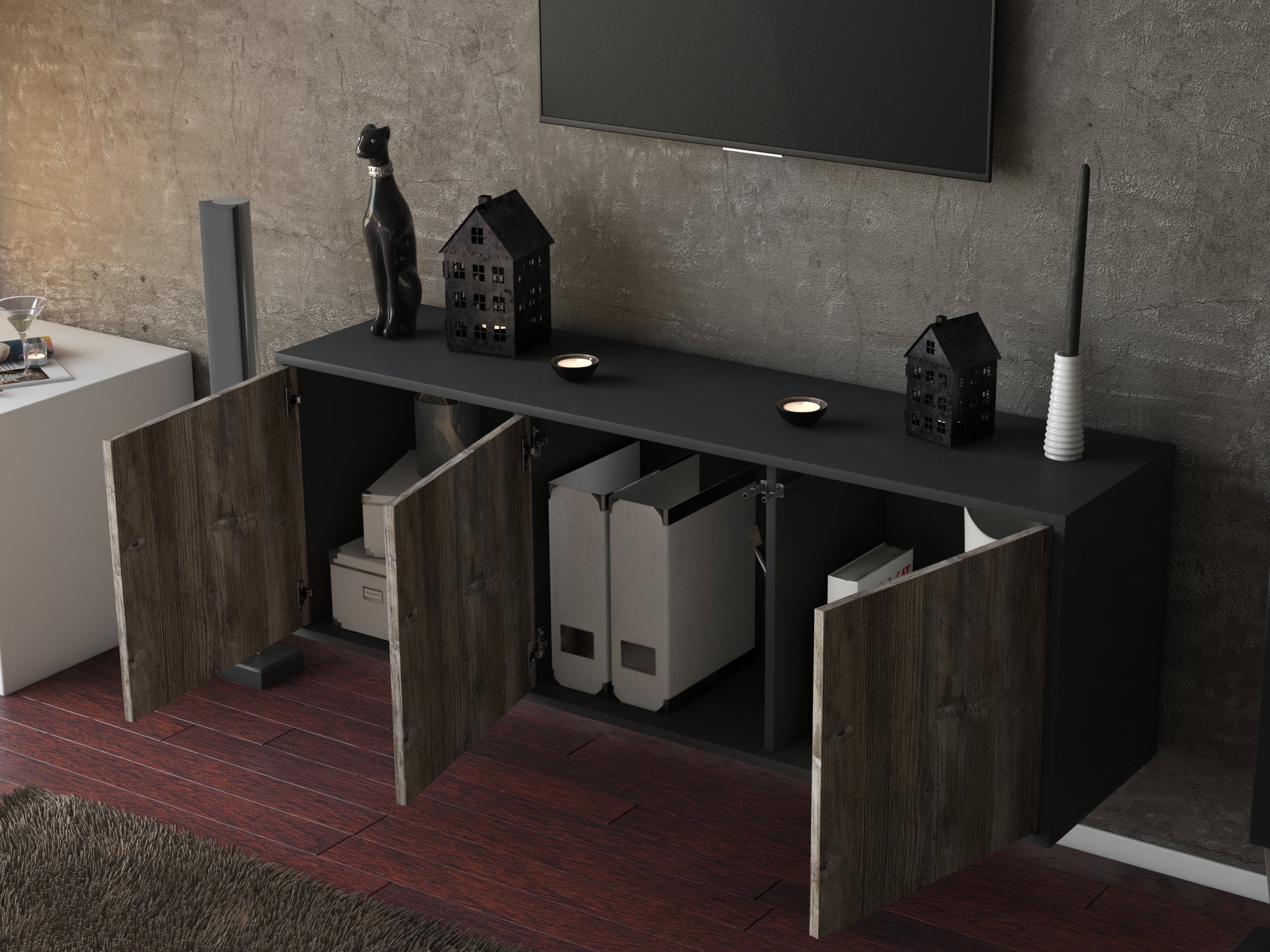 Lowboard - Allegra - Design Holzdekor - Wandmontage mit Push to Open 136 cm Anthrazit