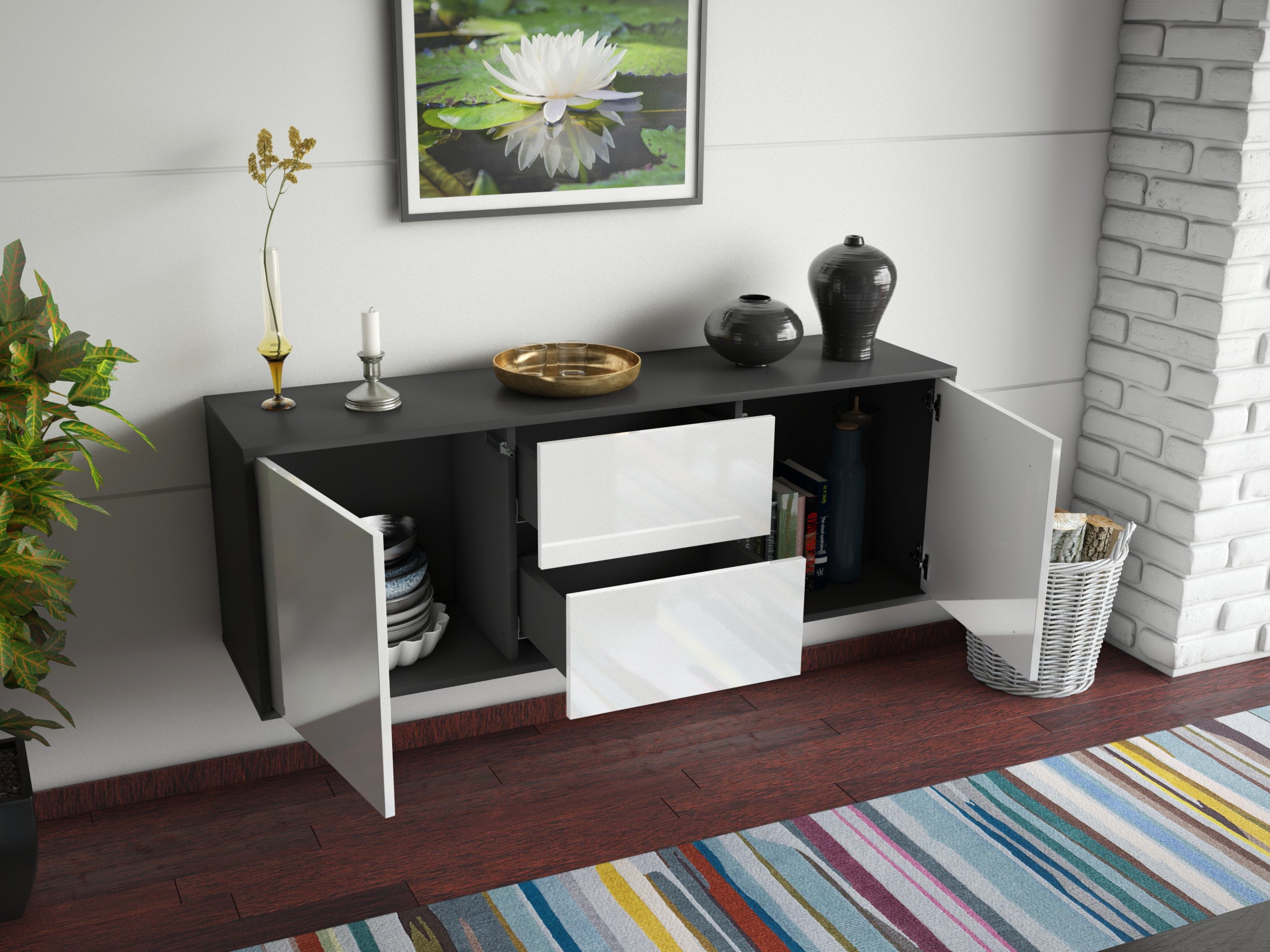 Lowboard - Alma - Design Hochglanz - Wandmontage mit Push to Open 136 cm Anthrazit
