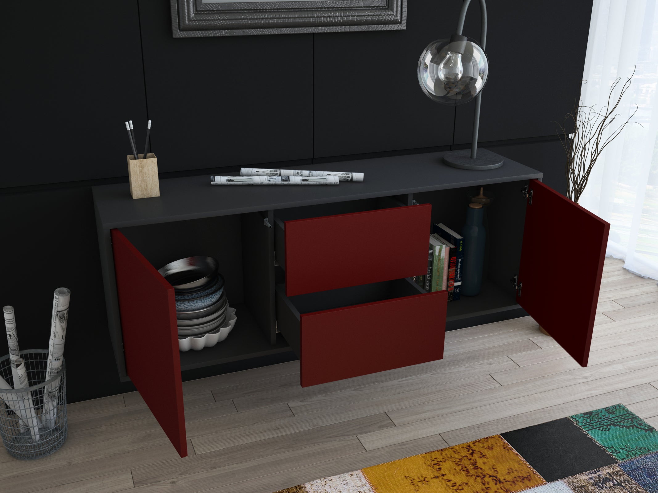 Lowboard - Alma - Design Farbakzent - Wandmontage mit Push to Open 136 cm Anthrazit