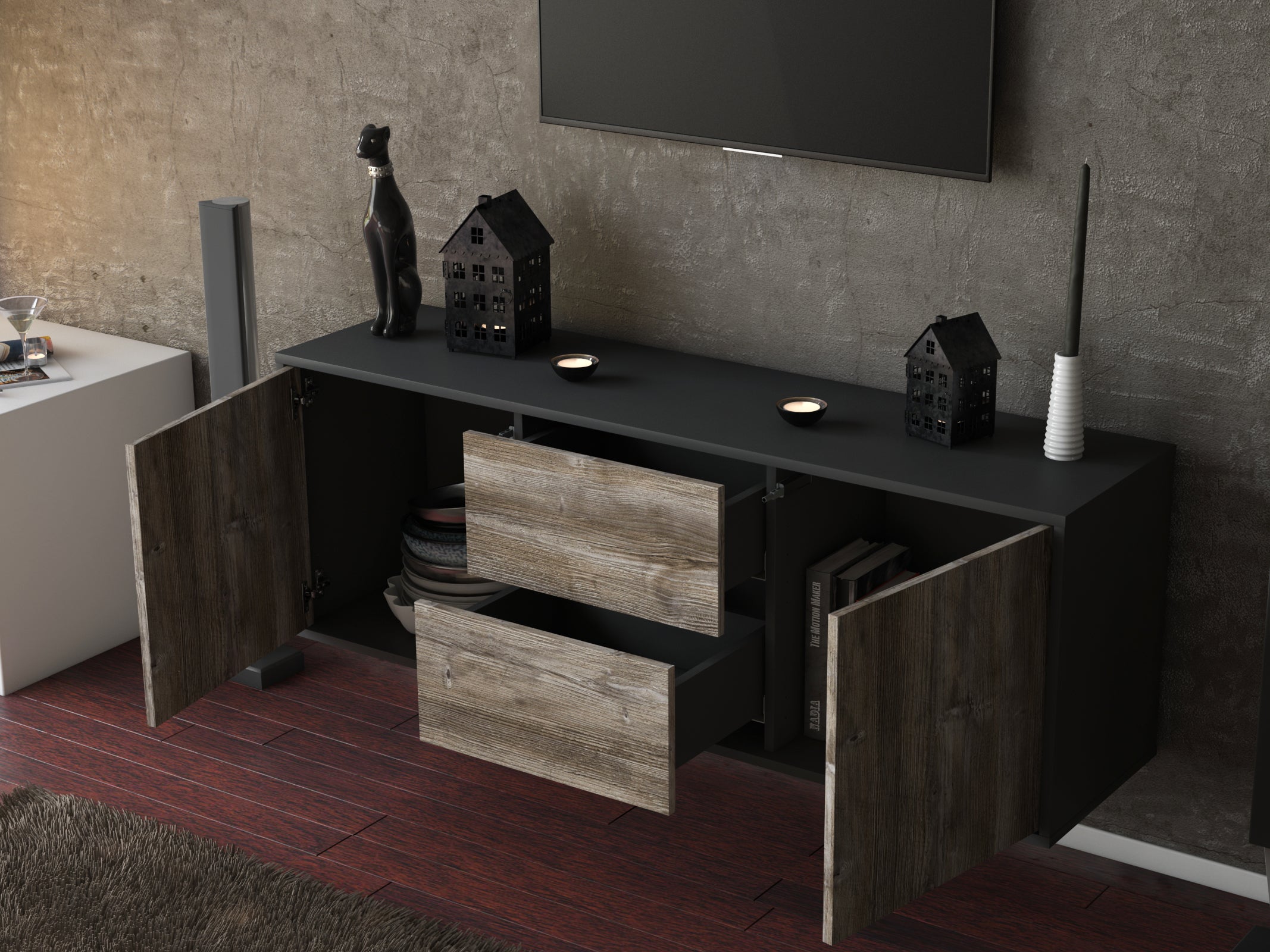 Lowboard - Alma - Design Holzdekor - Wandmontage mit Push to Open 136 cm Anthrazit