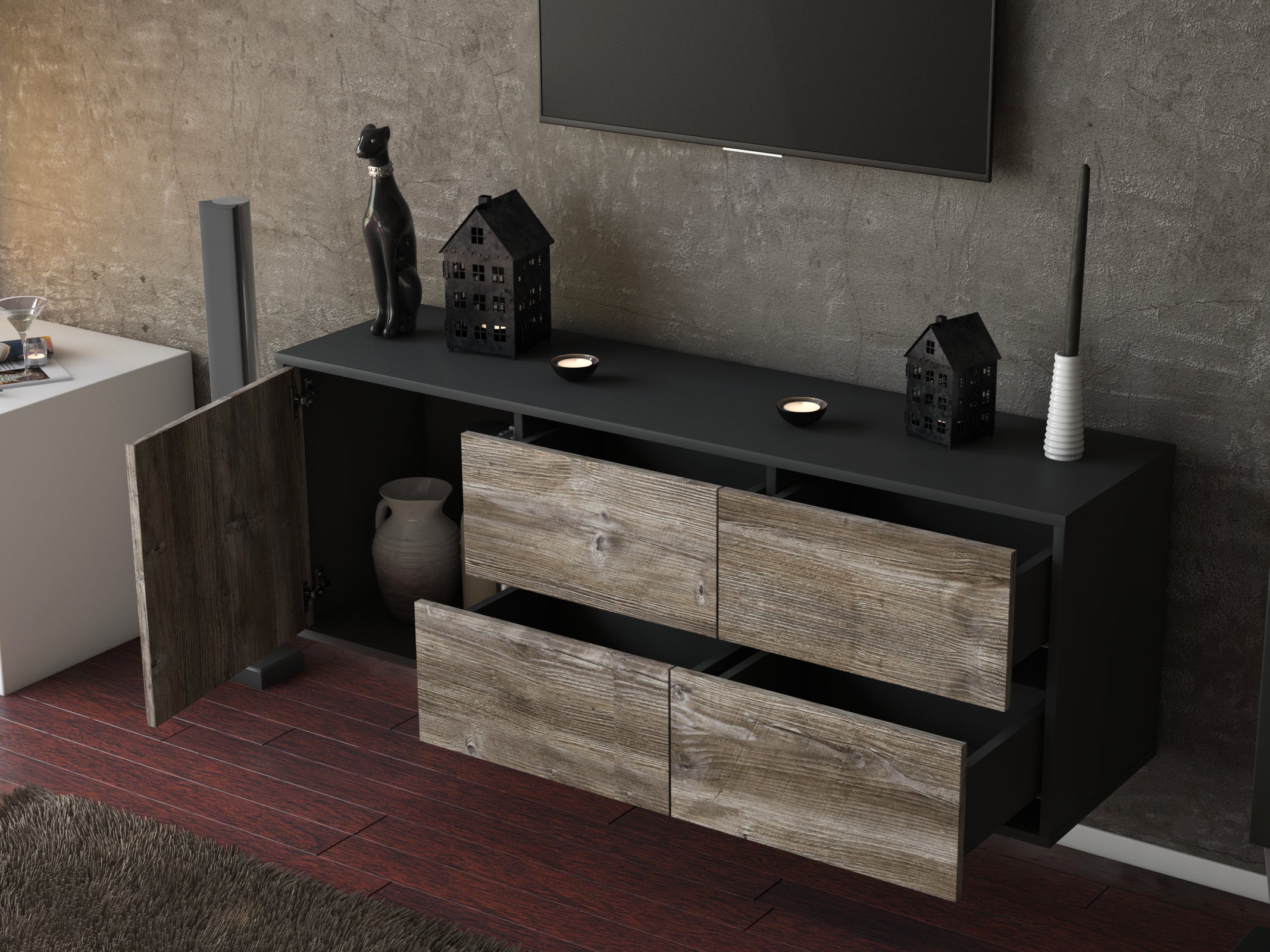 Lowboard - Aloisia - Design Holzdekor - Wandmontage mit Push to Open 136 cm Anthrazit