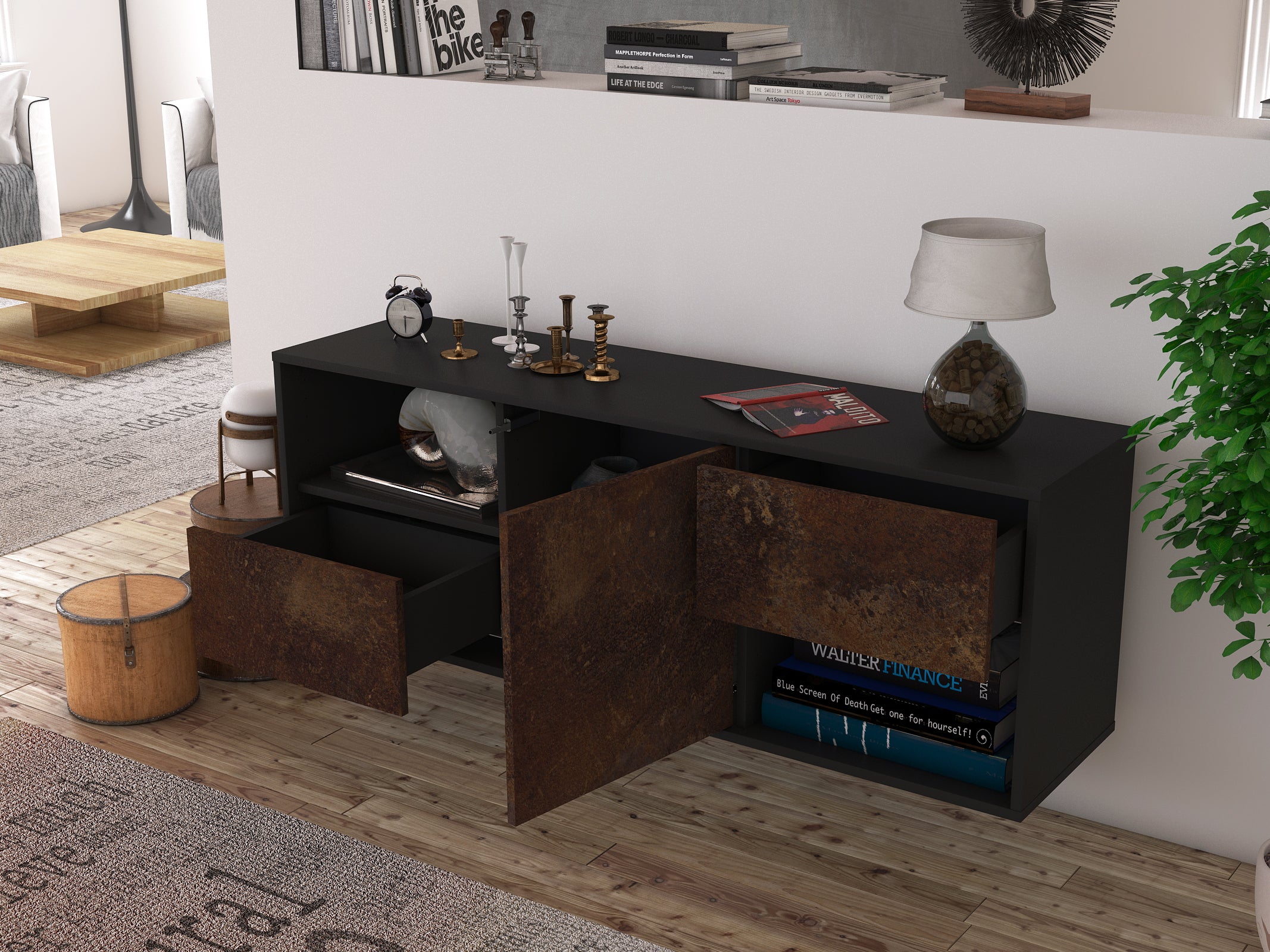 Lowboard - Ambra - Design Industrie Stil - Wandmontage mit Push to Open 136 cm Anthrazit