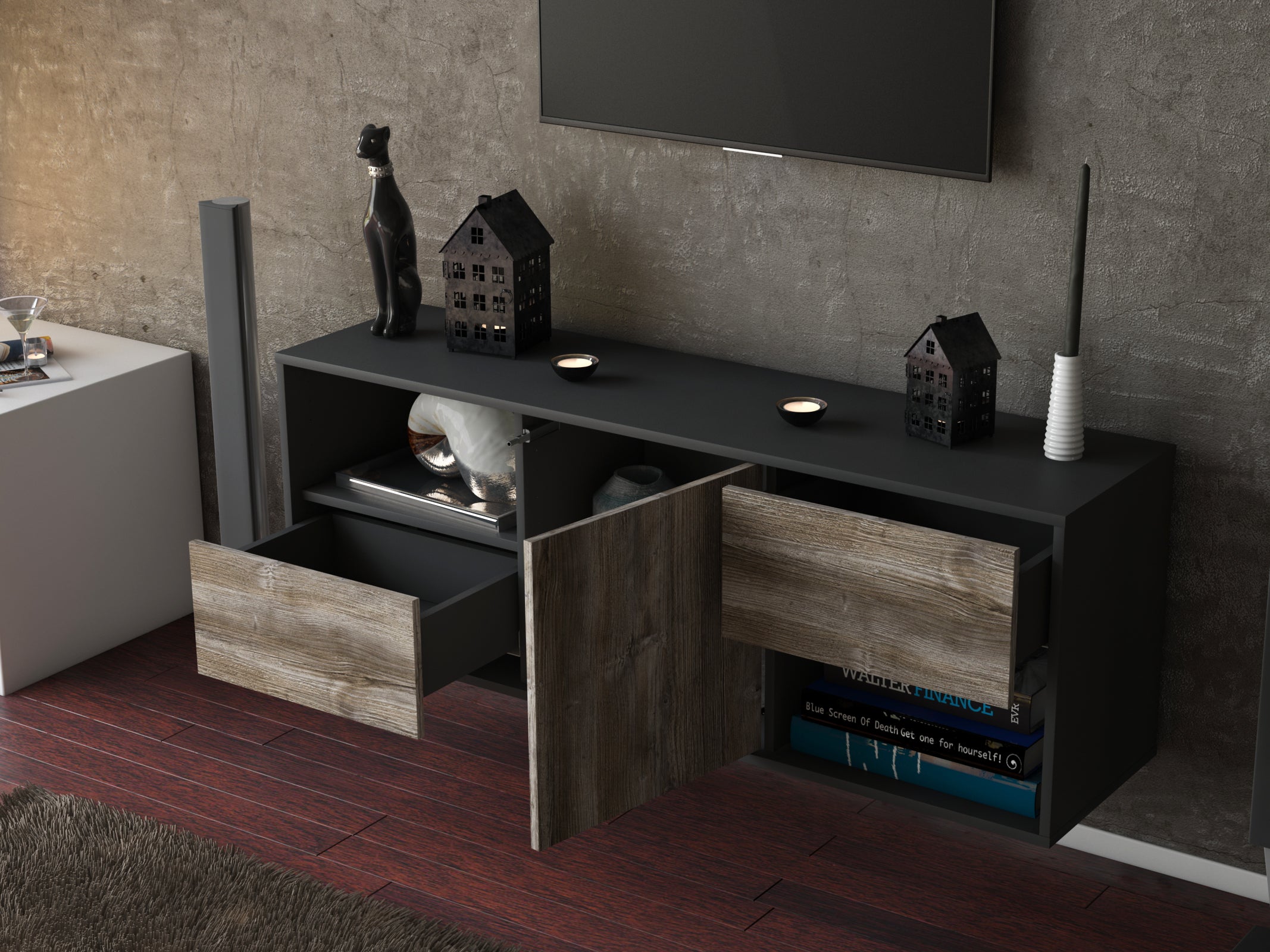 Lowboard - Ambra - Design Holzdekor - Wandmontage mit Push to Open 136 cm Anthrazit