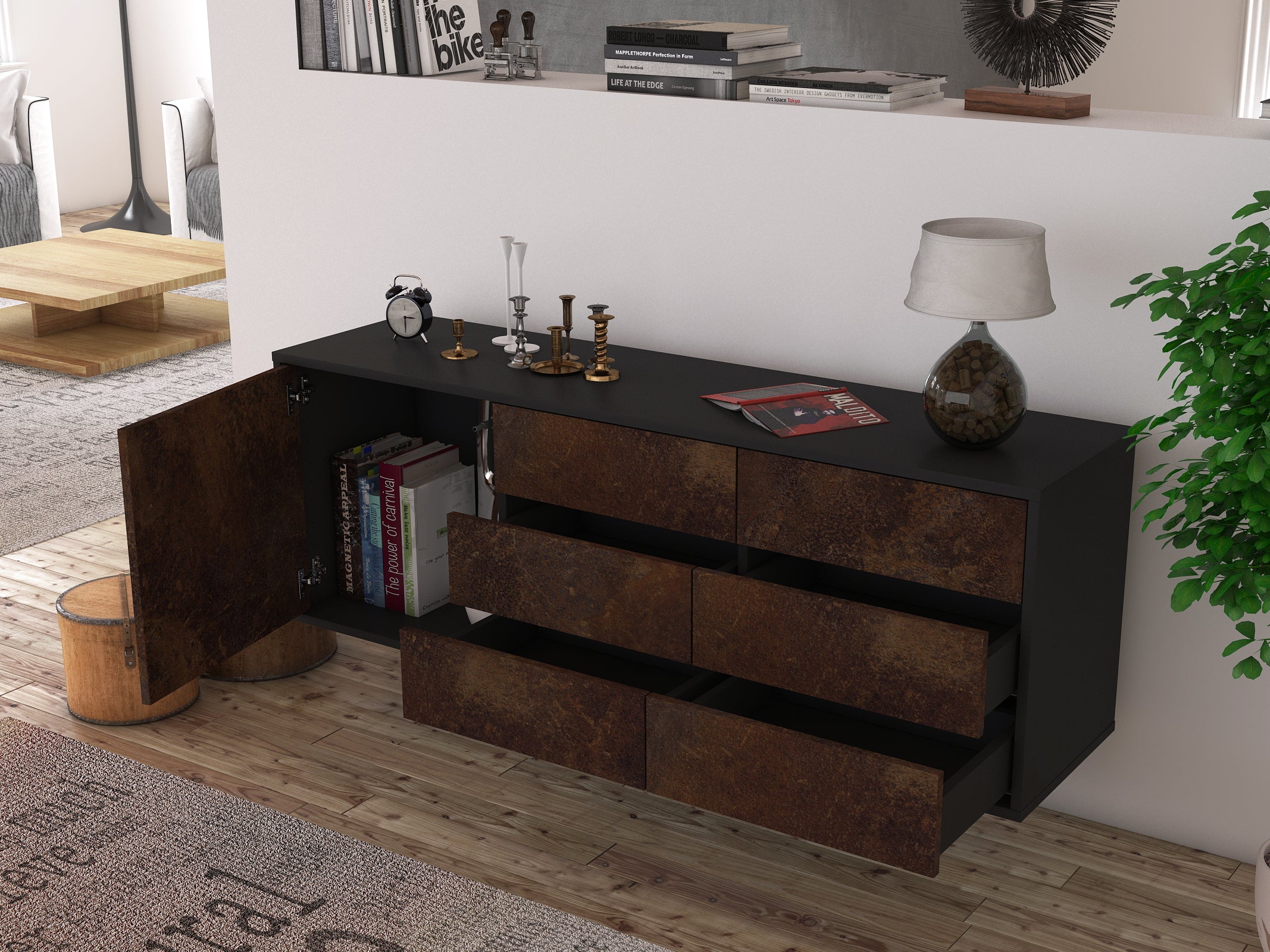 Lowboard - Amedea - Design Industrie Stil - Wandmontage mit Push to Open 136 cm Anthrazit