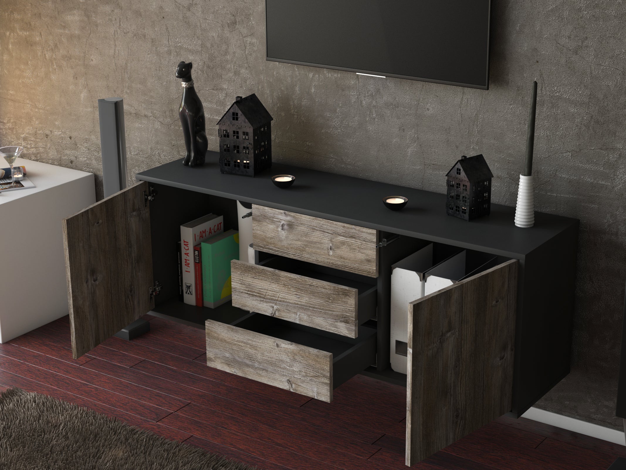 Lowboard - Ameline - Design Holzdekor - Wandmontage mit Push to Open 136 cm Anthrazit