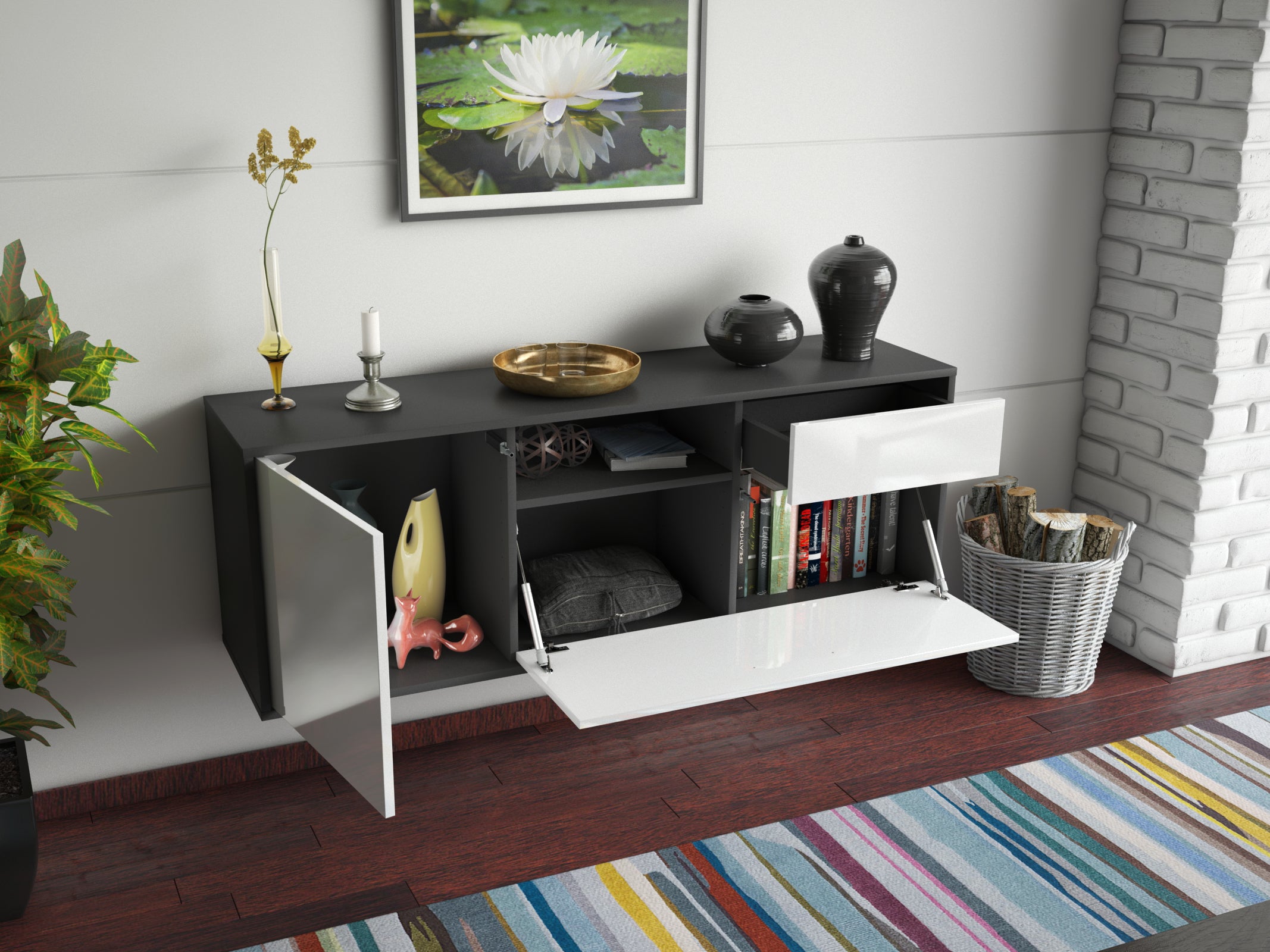 Lowboard - Amila - Design Hochglanz - Wandmontage mit Push to Open 136 cm Anthrazit