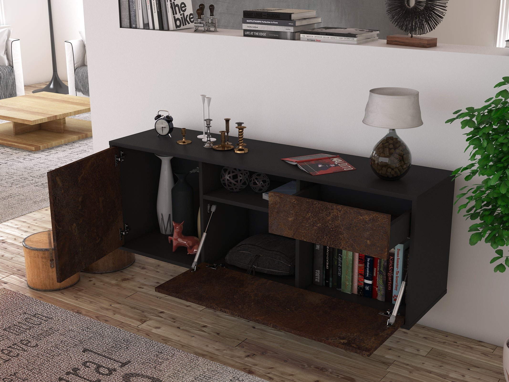 Lowboard - Amila - Design Industrie Stil - Wandmontage mit Push to Open 136 cm Anthrazit