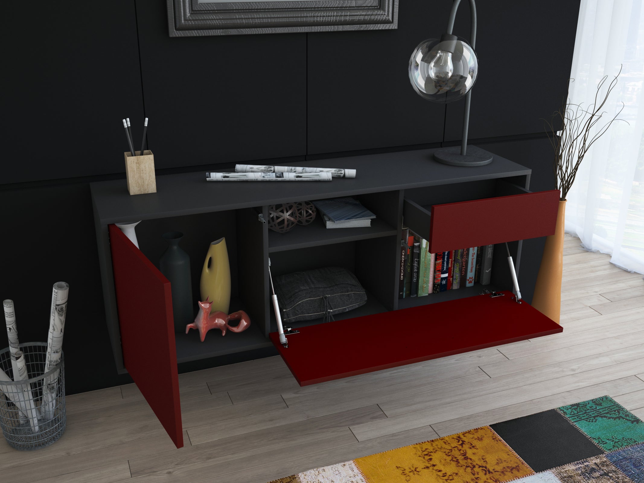 Lowboard - Amila - Design Farbakzent - Wandmontage mit Push to Open 136 cm Anthrazit