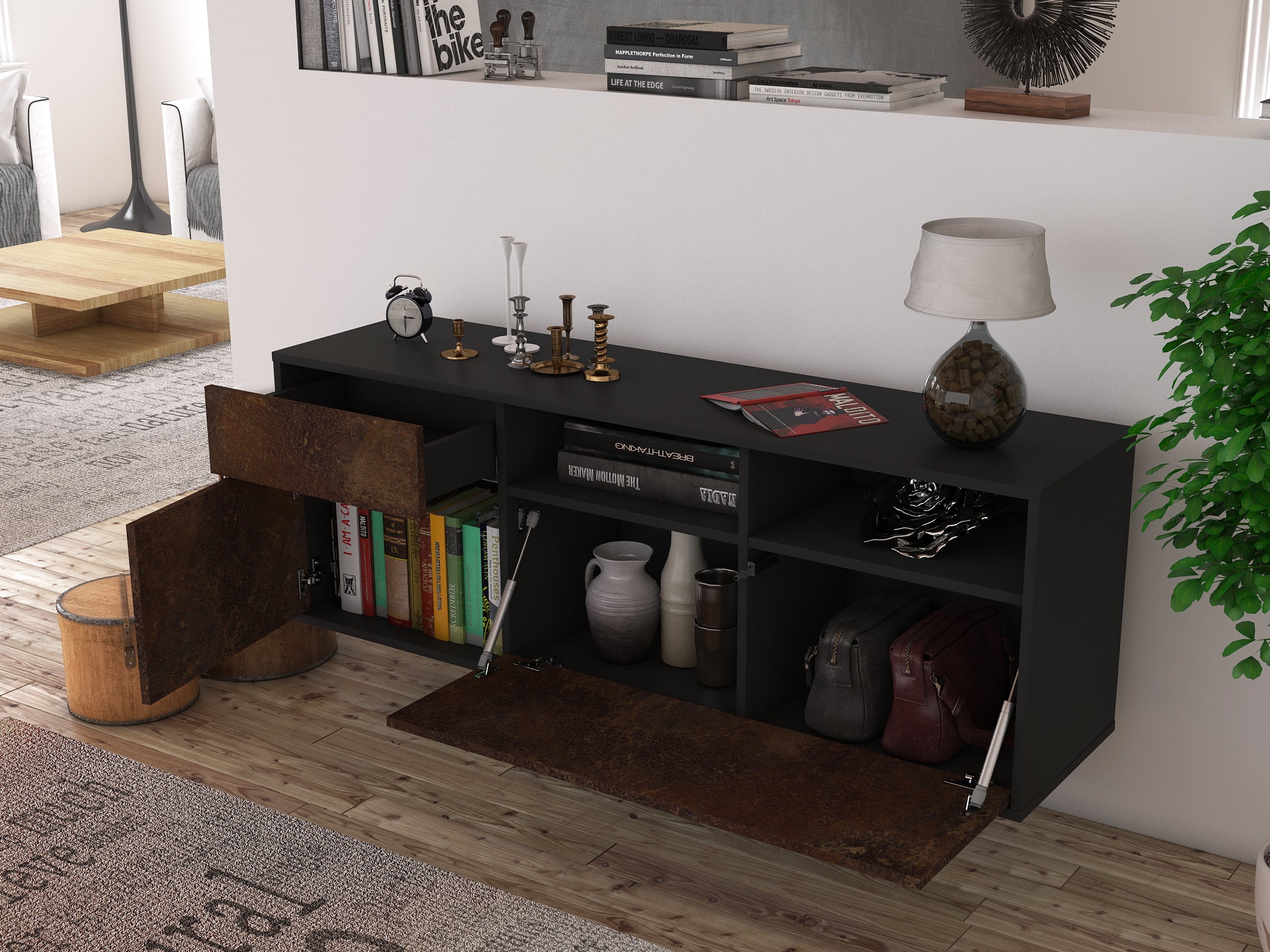 Lowboard - Amisa - Design Industrie Stil - Wandmontage mit Push to Open 136 cm Anthrazit