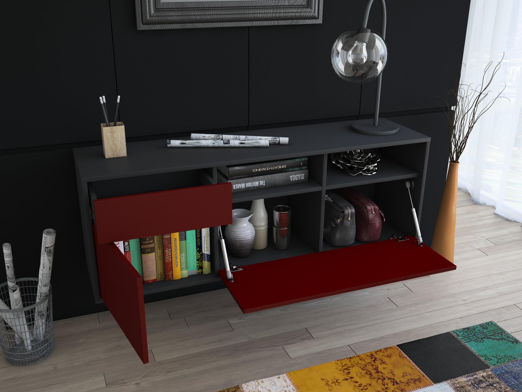 Lowboard - Amisa - Design Farbakzent - Wandmontage mit Push to Open 136 cm Anthrazit