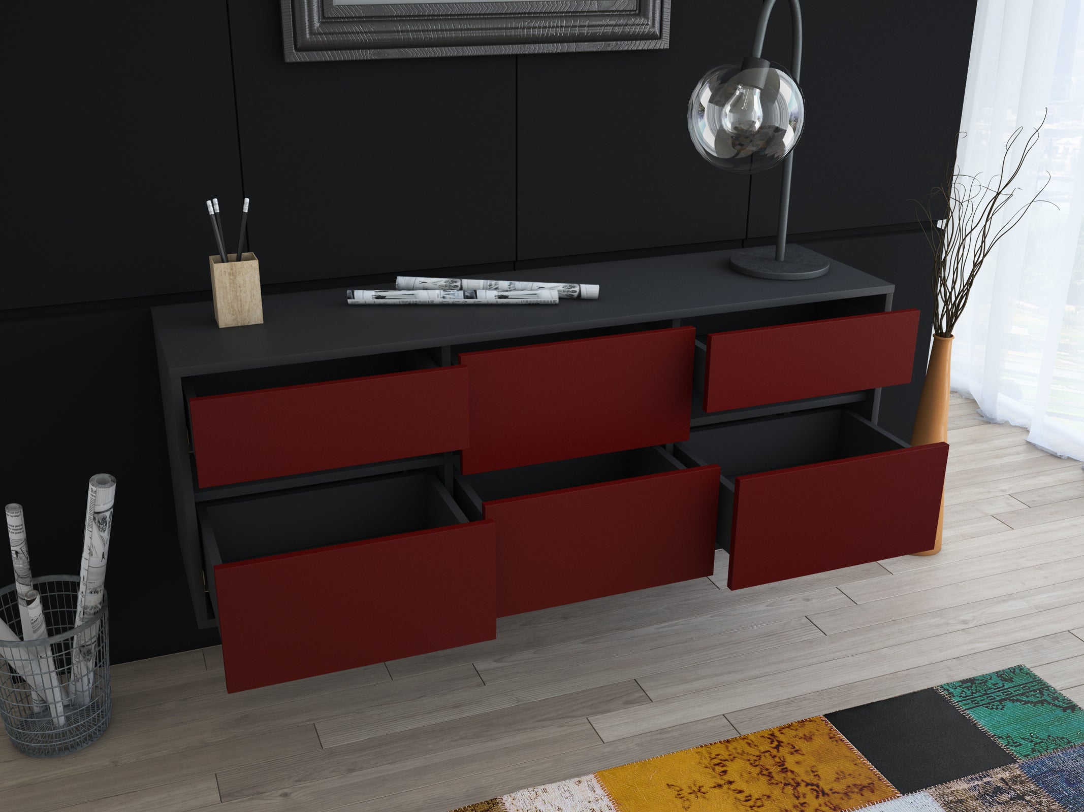Lowboard - Andrea - Design Farbakzent - Wandmontage mit Push to Open 136 cm Anthrazit