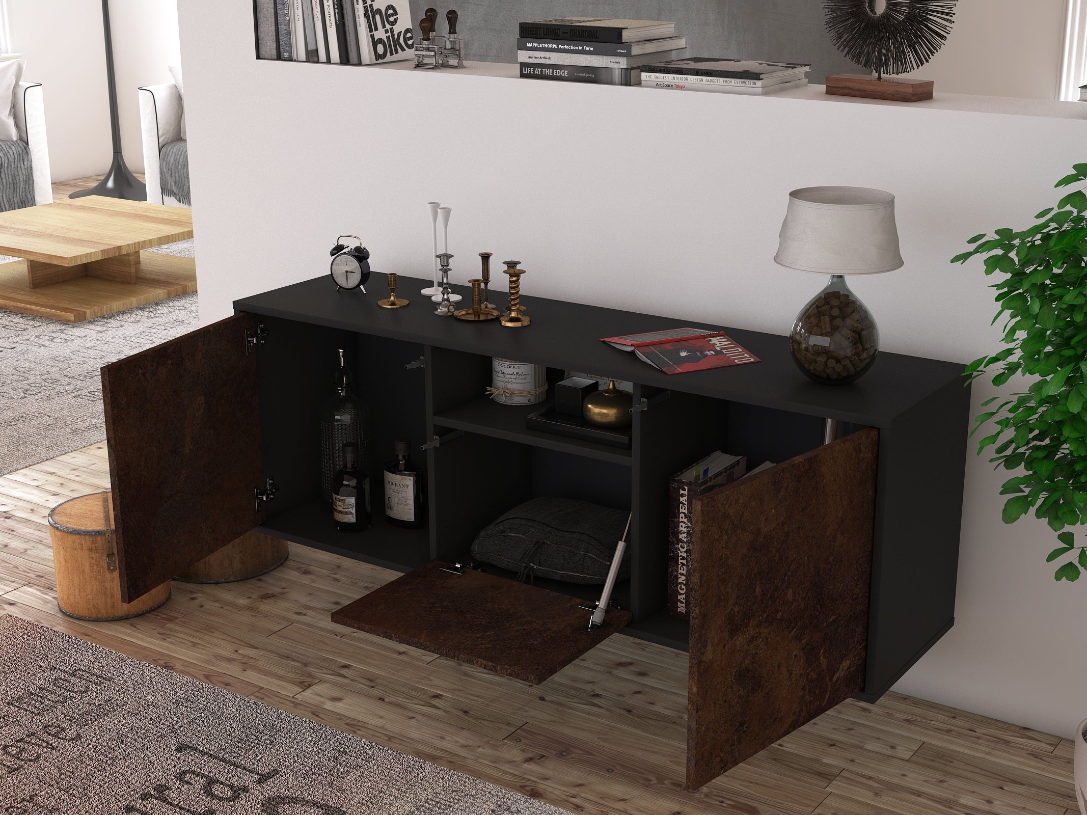 Lowboard - Andreana - Design Industrie Stil - Wandmontage mit Push to Open 136 cm Anthrazit