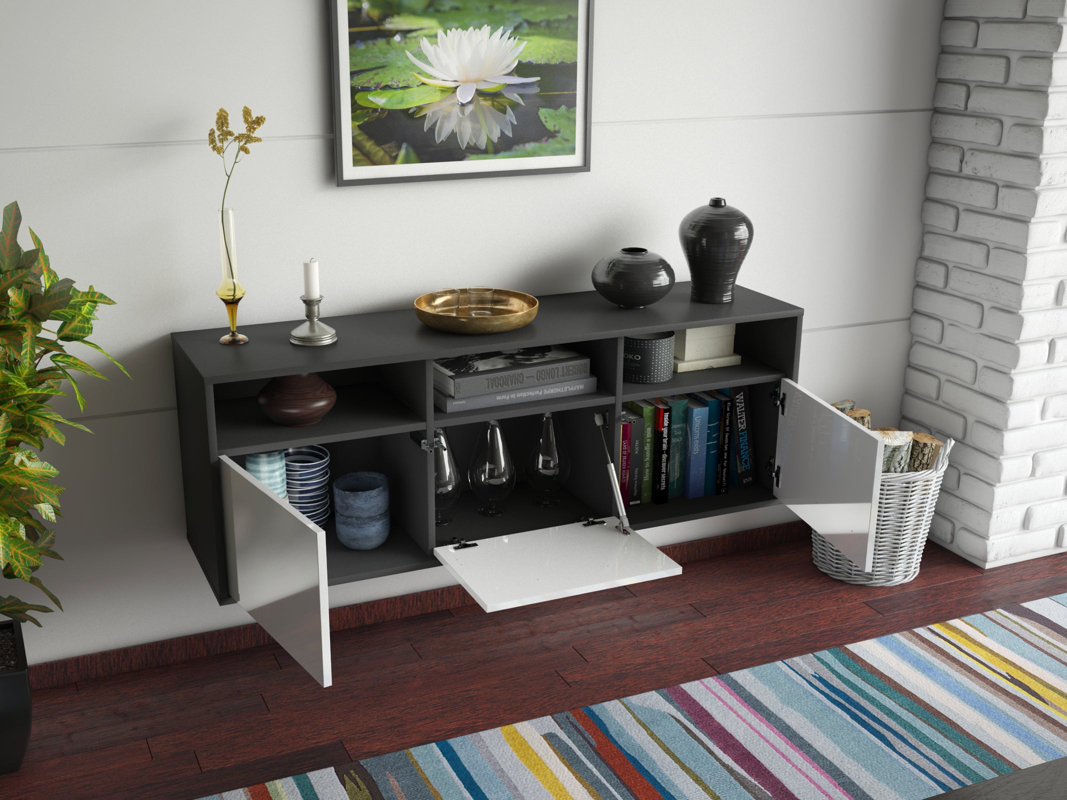 Lowboard - Andrina - Design Hochglanz - Wandmontage mit Push to Open 136 cm Anthrazit