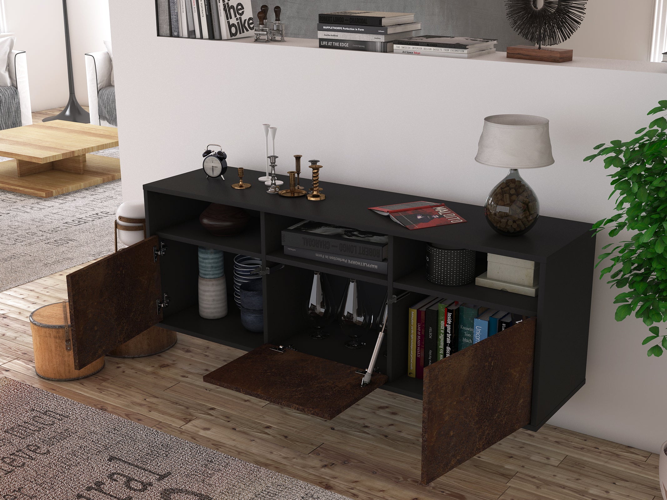 Lowboard - Andrina - Design Industrie Stil - Wandmontage mit Push to Open 136 cm Anthrazit