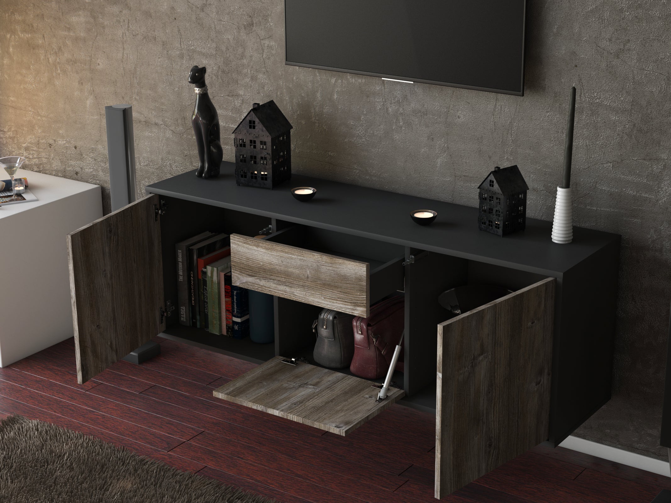 Lowboard - Anella - Design Holzdekor - Wandmontage mit Push to Open 136 cm Anthrazit