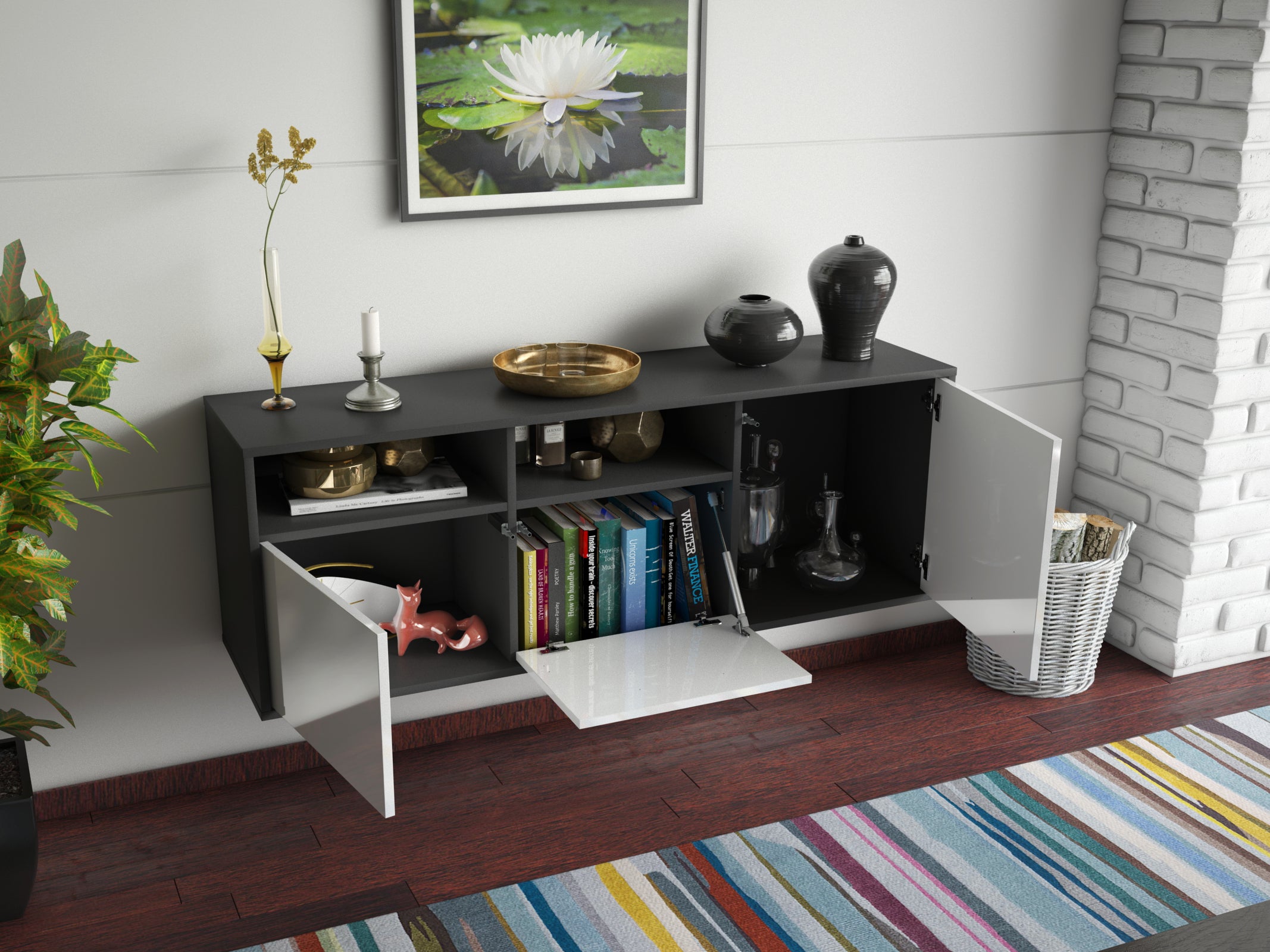 Lowboard - Anina - Design Hochglanz - Wandmontage mit Push to Open 136 cm Anthrazit