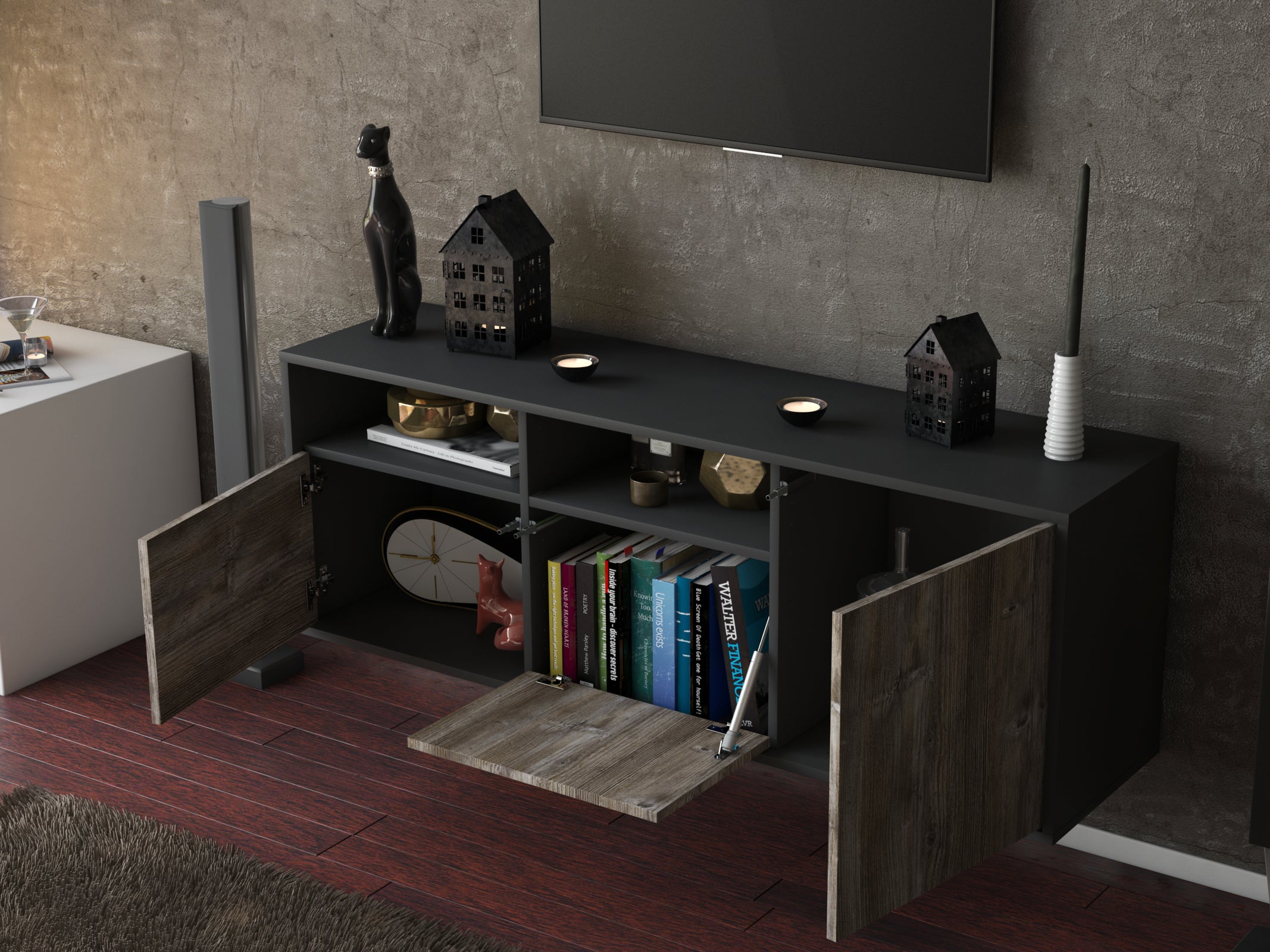 Lowboard - Anina - Design Holzdekor - Wandmontage mit Push to Open 136 cm Anthrazit