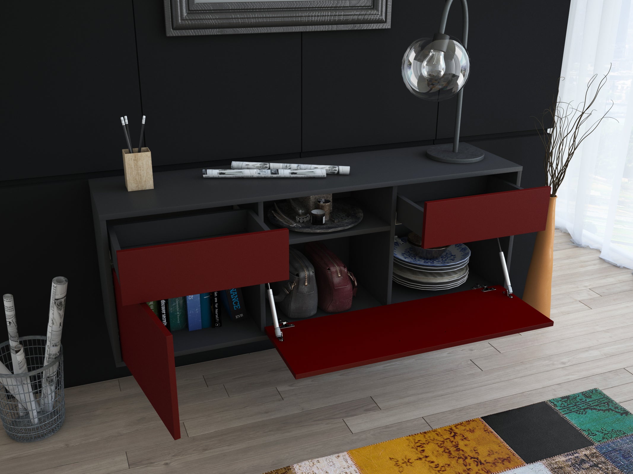 Lowboard - Anita - Design Farbakzent - Wandmontage mit Push to Open 136 cm Anthrazit