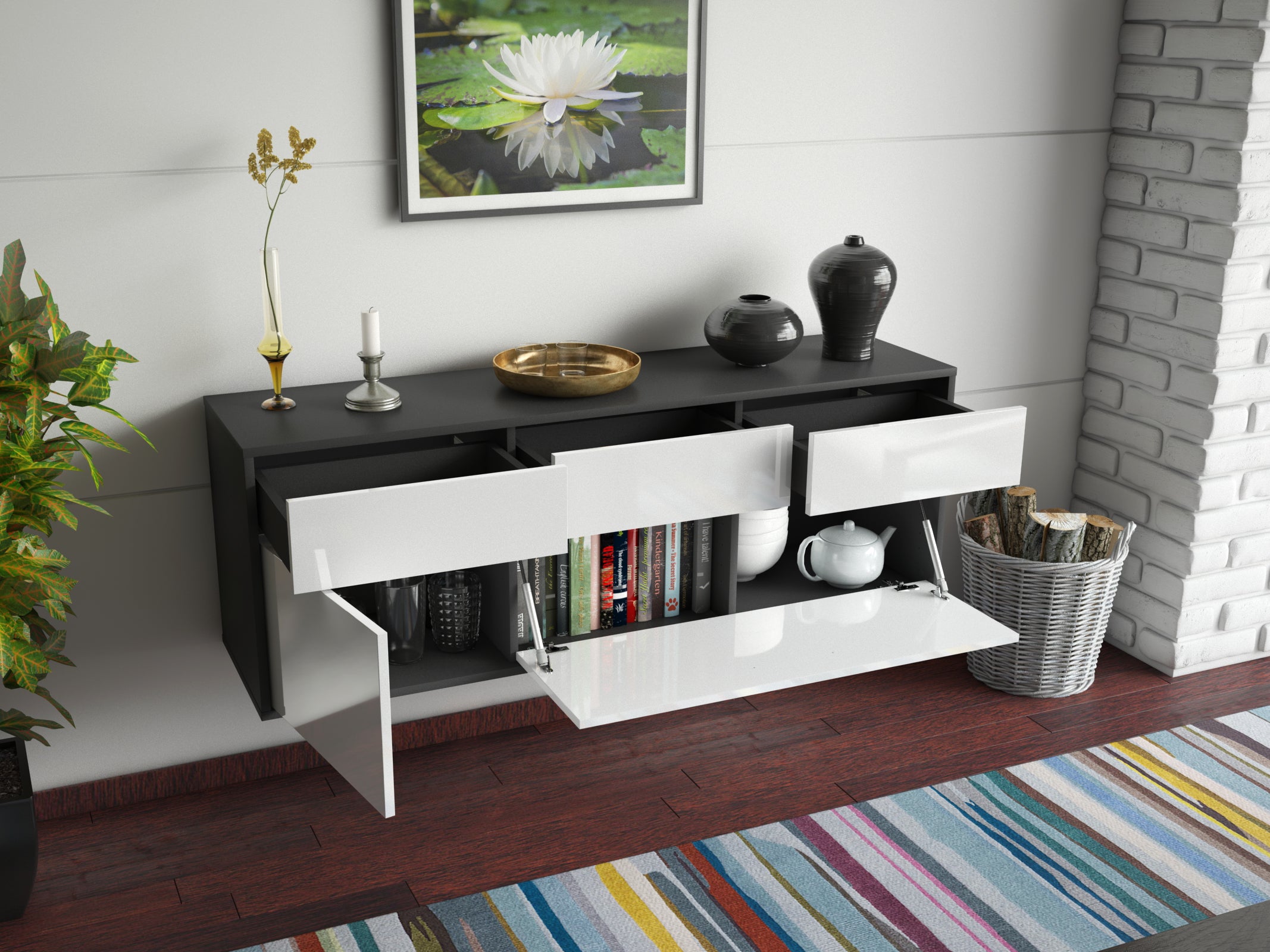Lowboard - Anjelika - Design Hochglanz - Wandmontage mit Push to Open 136 cm Anthrazit