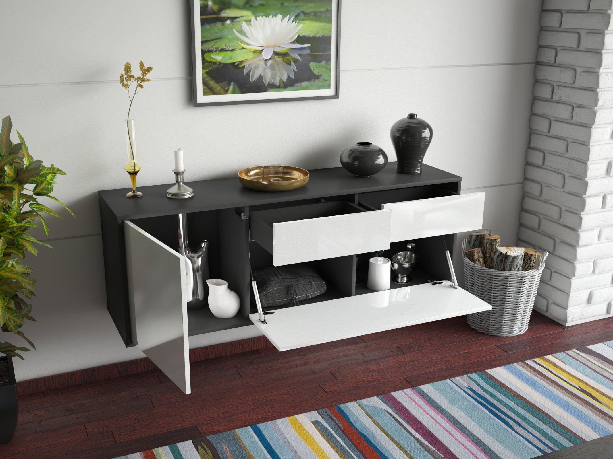 Lowboard - Annabell - Design Hochglanz - Wandmontage mit Push to Open 136 cm Anthrazit