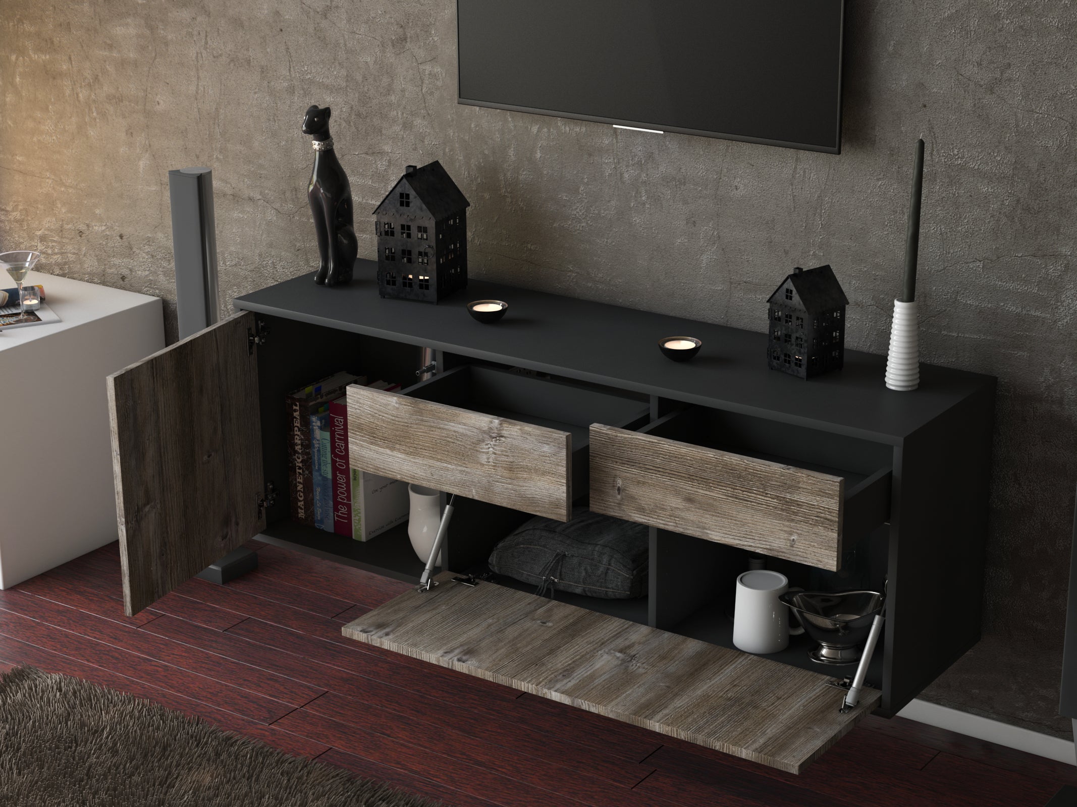 Lowboard - Annabell - Design Holzdekor - Wandmontage mit Push to Open 136 cm Anthrazit