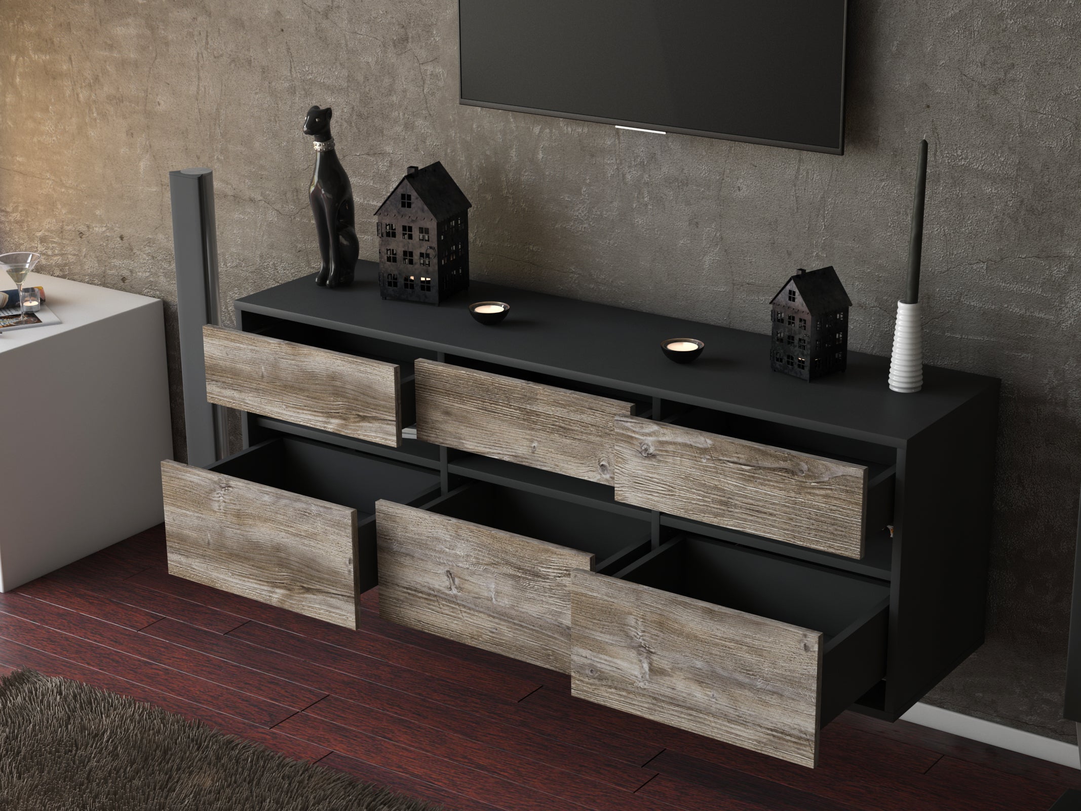 Lowboard - Annalena - Design Holzdekor - Wandmontage mit Push to Open 136 cm Anthrazit