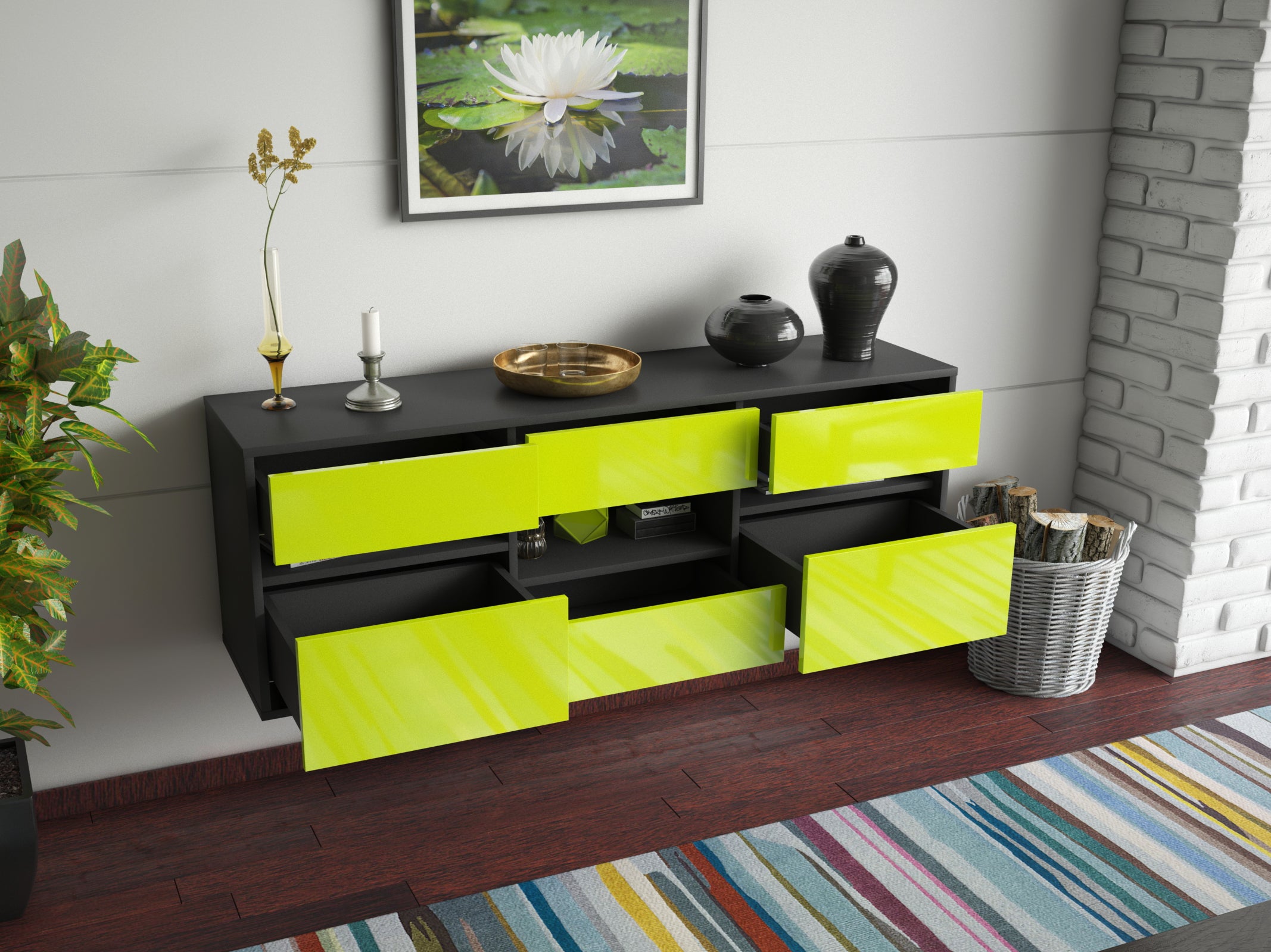 Lowboard - Annamaria - Design Hochglanz - Wandmontage mit Push to Open 136 cm Anthrazit