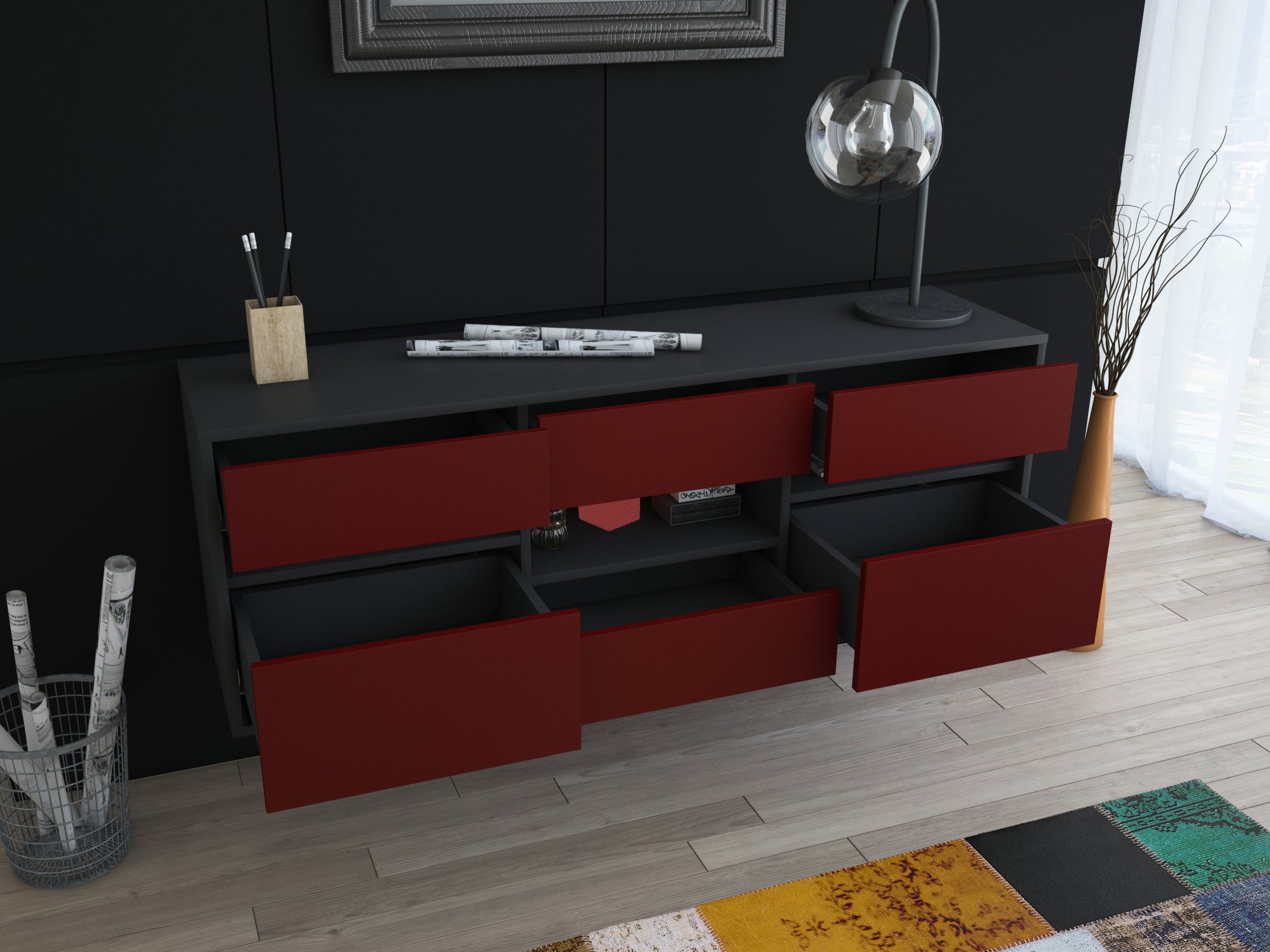 Lowboard - Annamaria - Design Farbakzent - Wandmontage mit Push to Open 136 cm Anthrazit